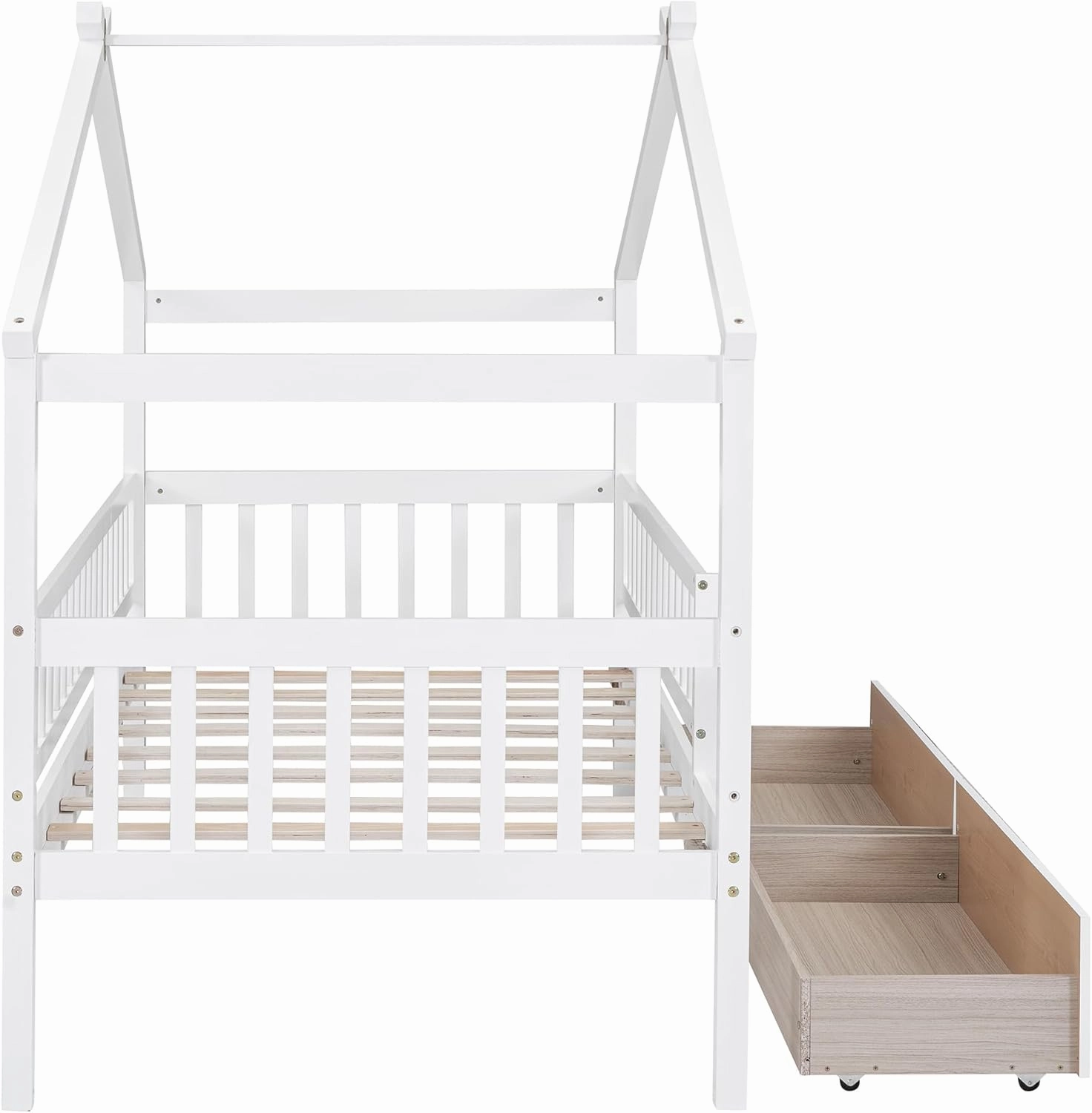 Twin House Bed with 2 Storage Drawers, White Kids Twin Bed Frame with Rails and Roof, Tent Bed, Wooden Twin Daybed, Twin Montessori Bed for Kids Teens Girls & Boys, No Box Spring Needed