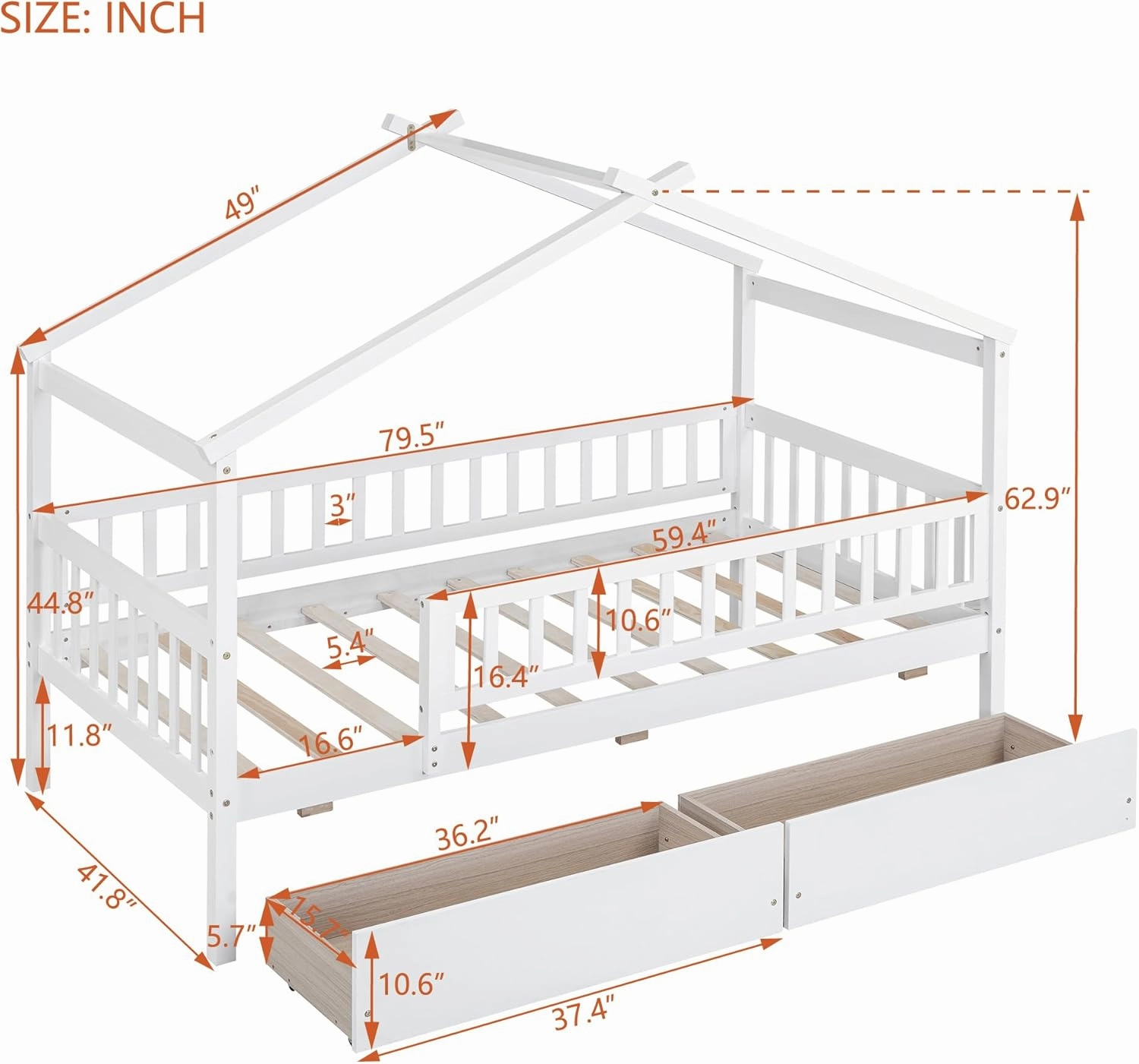 Twin House Bed with 2 Storage Drawers, White Kids Twin Bed Frame with Rails and Roof, Tent Bed, Wooden Twin Daybed, Twin Montessori Bed for Kids Teens Girls & Boys, No Box Spring Needed
