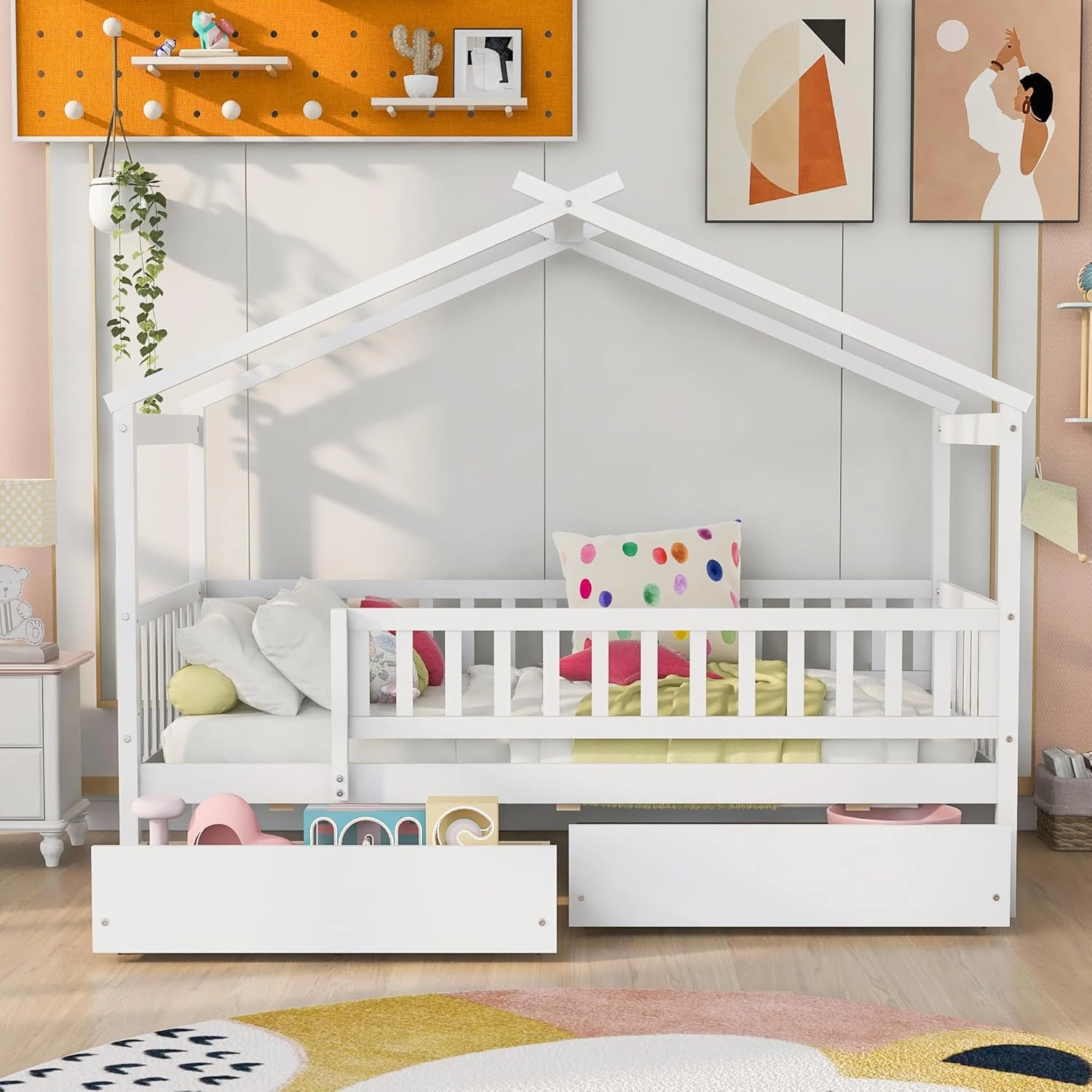 Twin House Bed with 2 Storage Drawers, White Kids Twin Bed Frame with Rails and Roof, Tent Bed, Wooden Twin Daybed, Twin Montessori Bed for Kids Teens Girls & Boys, No Box Spring Needed