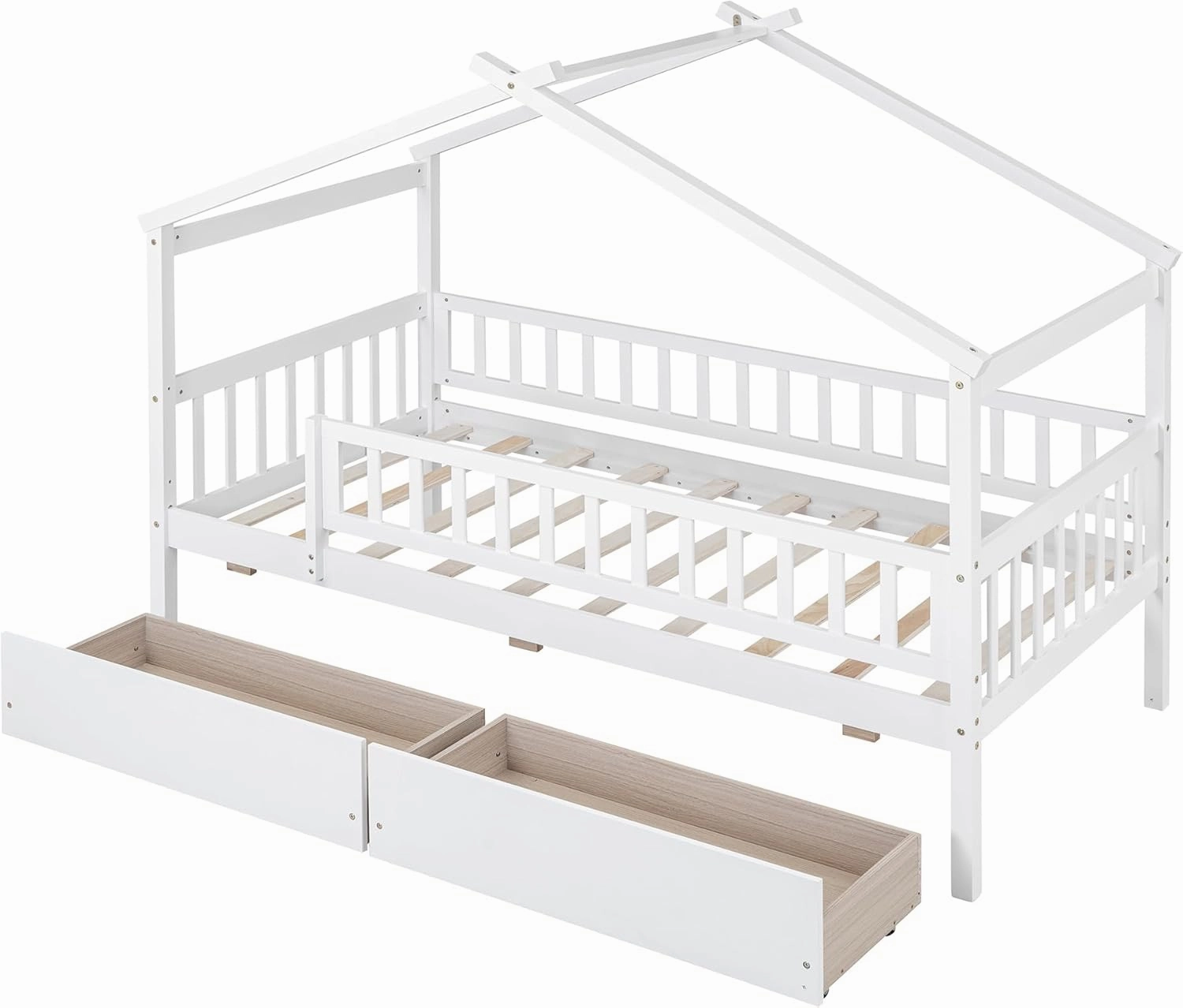 Twin House Bed with 2 Storage Drawers, White Kids Twin Bed Frame with Rails and Roof, Tent Bed, Wooden Twin Daybed, Twin Montessori Bed for Kids Teens Girls & Boys, No Box Spring Needed