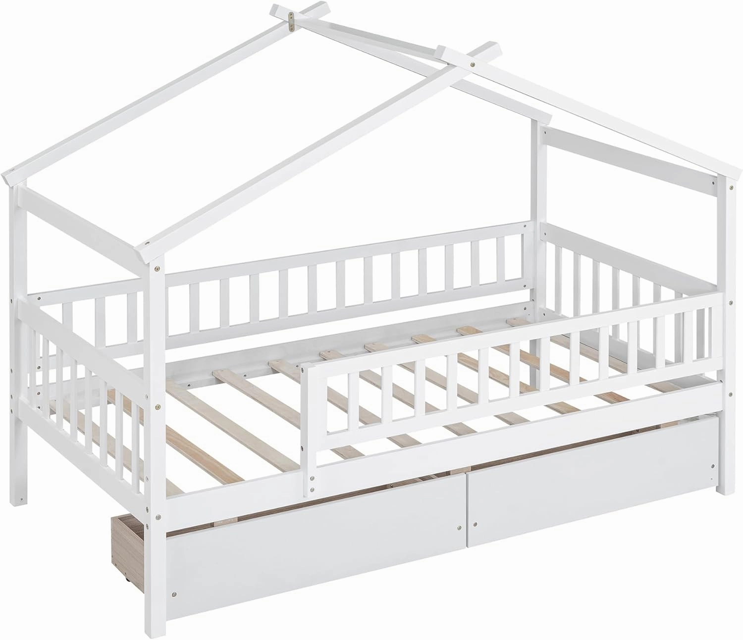 Twin House Bed with 2 Storage Drawers, White Kids Twin Bed Frame with Rails and Roof, Tent Bed, Wooden Twin Daybed, Twin Montessori Bed for Kids Teens Girls & Boys, No Box Spring Needed