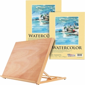 U.S. Art Supply X-Large 25-5/8" Wide x 19" Tall (A2) Artist Adjustable Wood Drawing Board Bundle with 2 Packs, 9" x 12" Premium Extra Heavy-Weight Watercolor Painting Paper Pad, 90 Pound (190gsm)