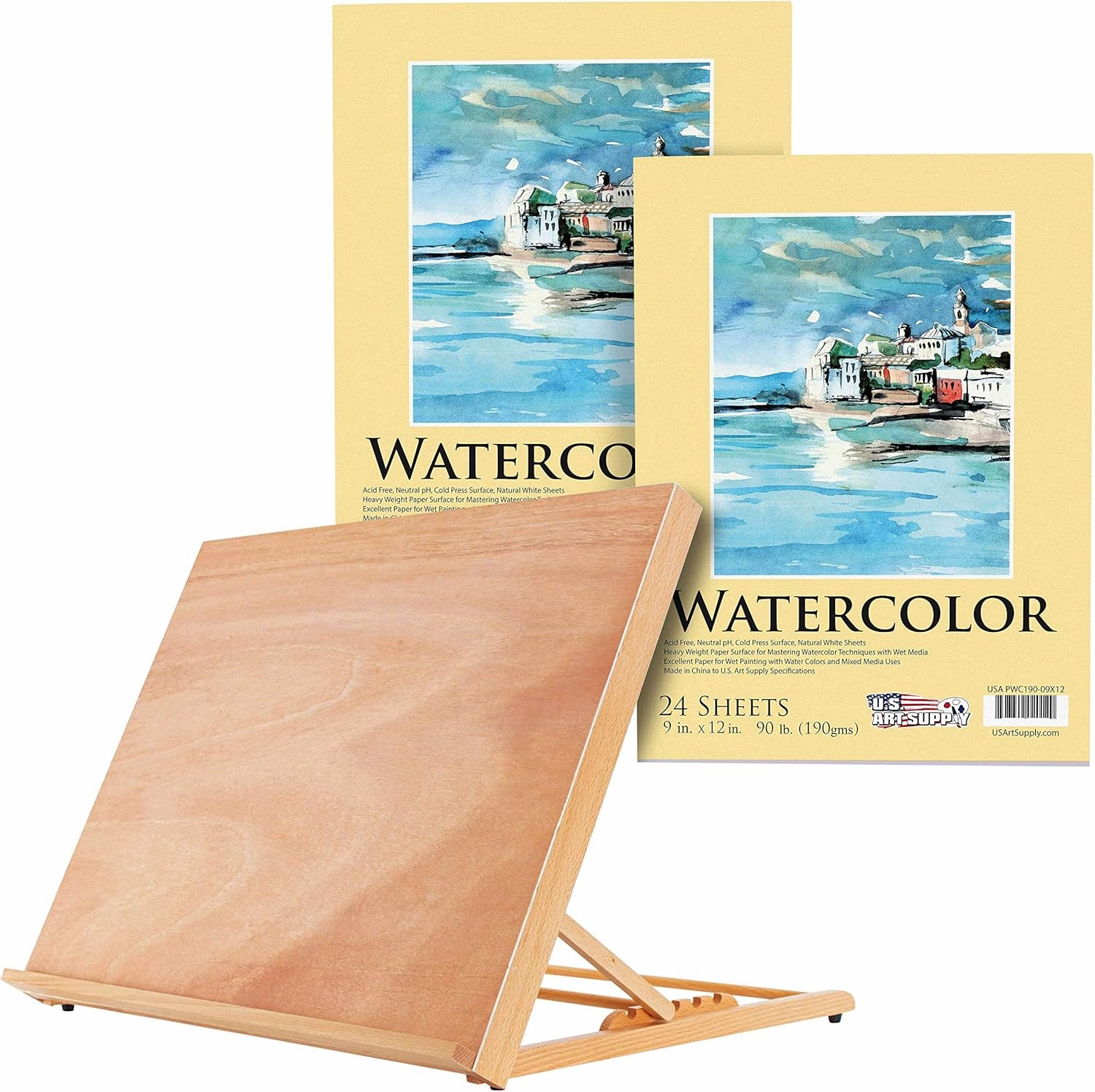 U.S. Art Supply X-Large 25-5/8" Wide x 19" Tall (A2) Artist Adjustable Wood Drawing Board Bundle with 2 Packs, 9" x 12" Premium Extra Heavy-Weight Watercolor Painting Paper Pad, 90 Pound (190gsm)