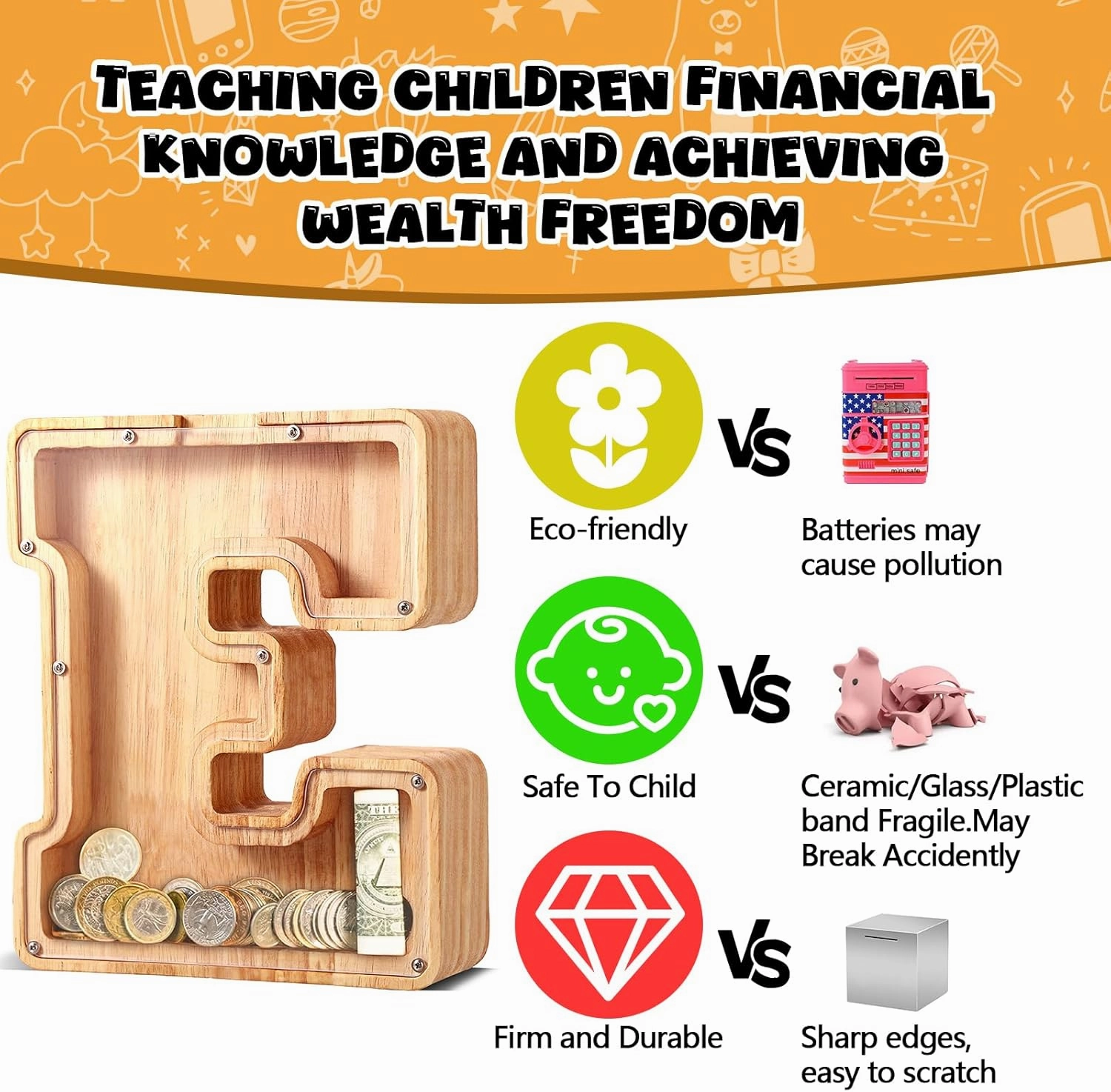UBeesize Large Piggy Banks Twenty-Six English Alphabet Letter for Boys Girls, Wooden Personalized Bills and Coins Bank Money Box,DIY Name Birthday Gift,Bedroom Living Room Decoration(G)
