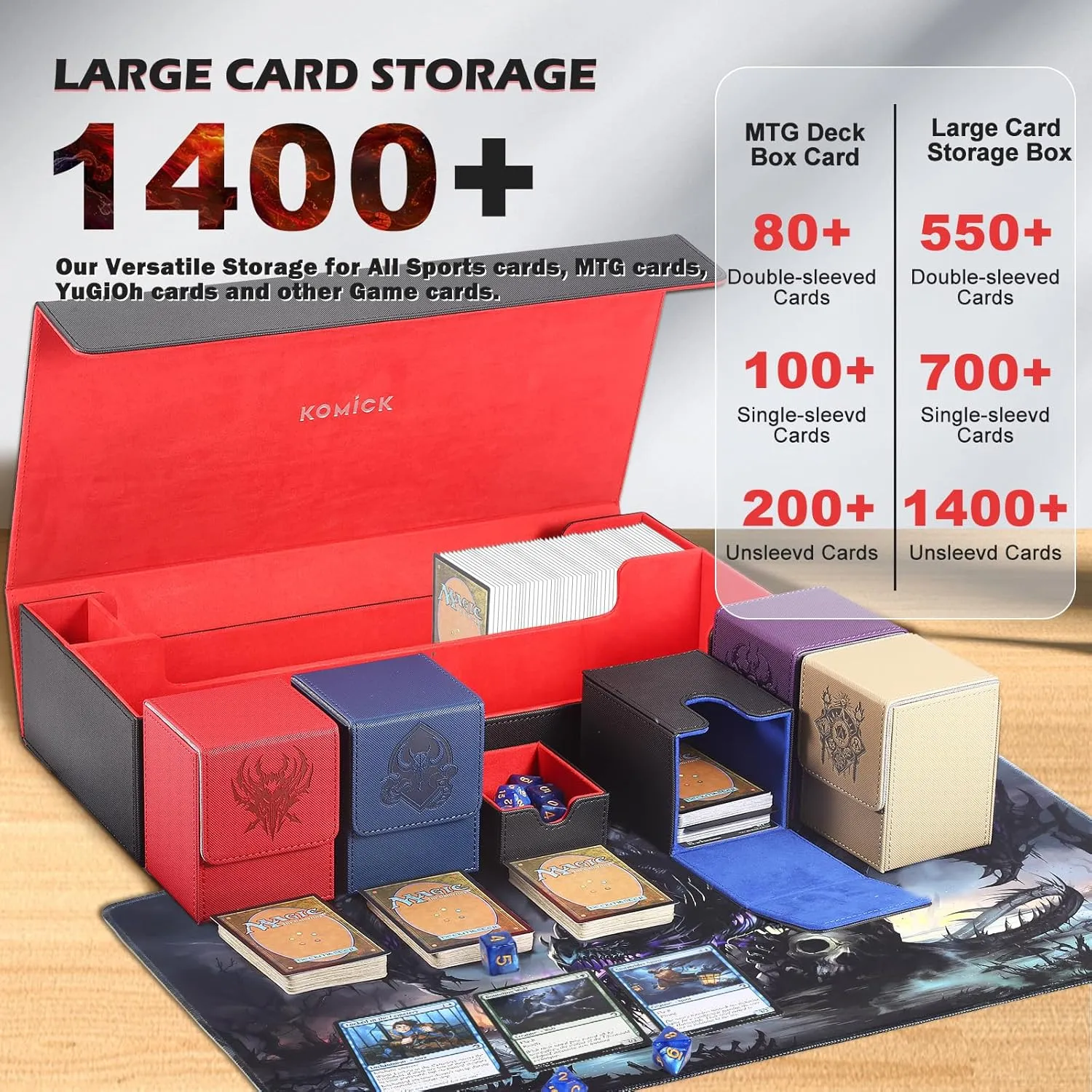 Ultimate 6-in-1 Card Deck Box Set with Playmat Dice Tray, Large Card Storage Box with 5 PCS MTG Storage Box Holds 2400  Unsleeved Trading Cards Deck Box TCG CCG Yugioh Sports Cards (Black/Red)
