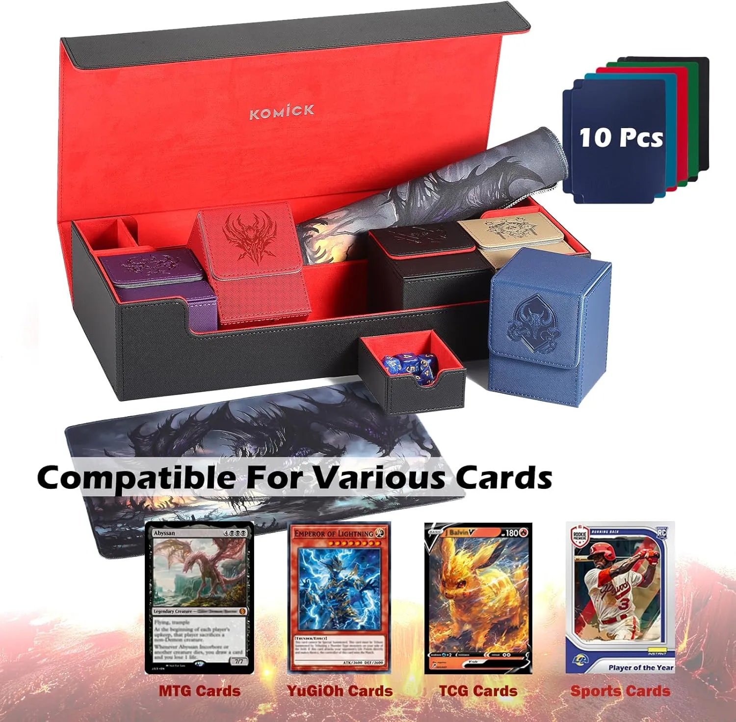 Ultimate 6-in-1 Card Deck Box Set with Playmat Dice Tray, Large Card Storage Box with 5 PCS MTG Storage Box Holds 2400  Unsleeved Trading Cards Deck Box TCG CCG Yugioh Sports Cards (Black/Red)
