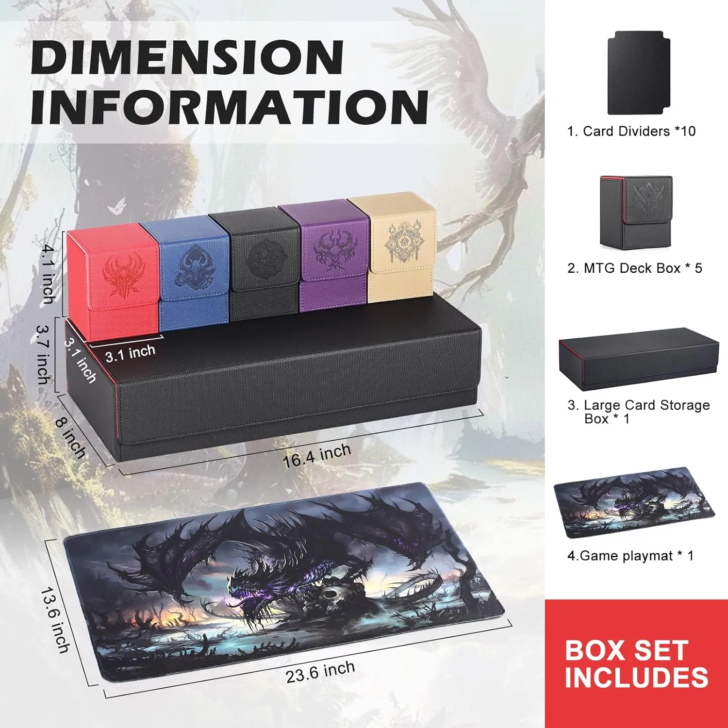 Ultimate 6-in-1 Card Deck Box Set with Playmat Dice Tray, Large Card Storage Box with 5 PCS MTG Storage Box Holds 2400  Unsleeved Trading Cards Deck Box TCG CCG Yugioh Sports Cards (Black/Red)