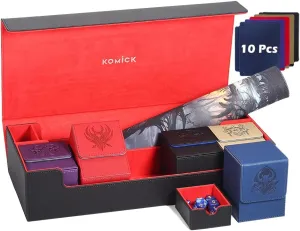 Ultimate 6-in-1 Card Deck Box Set with Playmat Dice Tray, Large Card Storage Box with 5 PCS MTG Storage Box Holds 2400  Unsleeved Trading Cards Deck Box TCG CCG Yugioh Sports Cards (Black/Red)