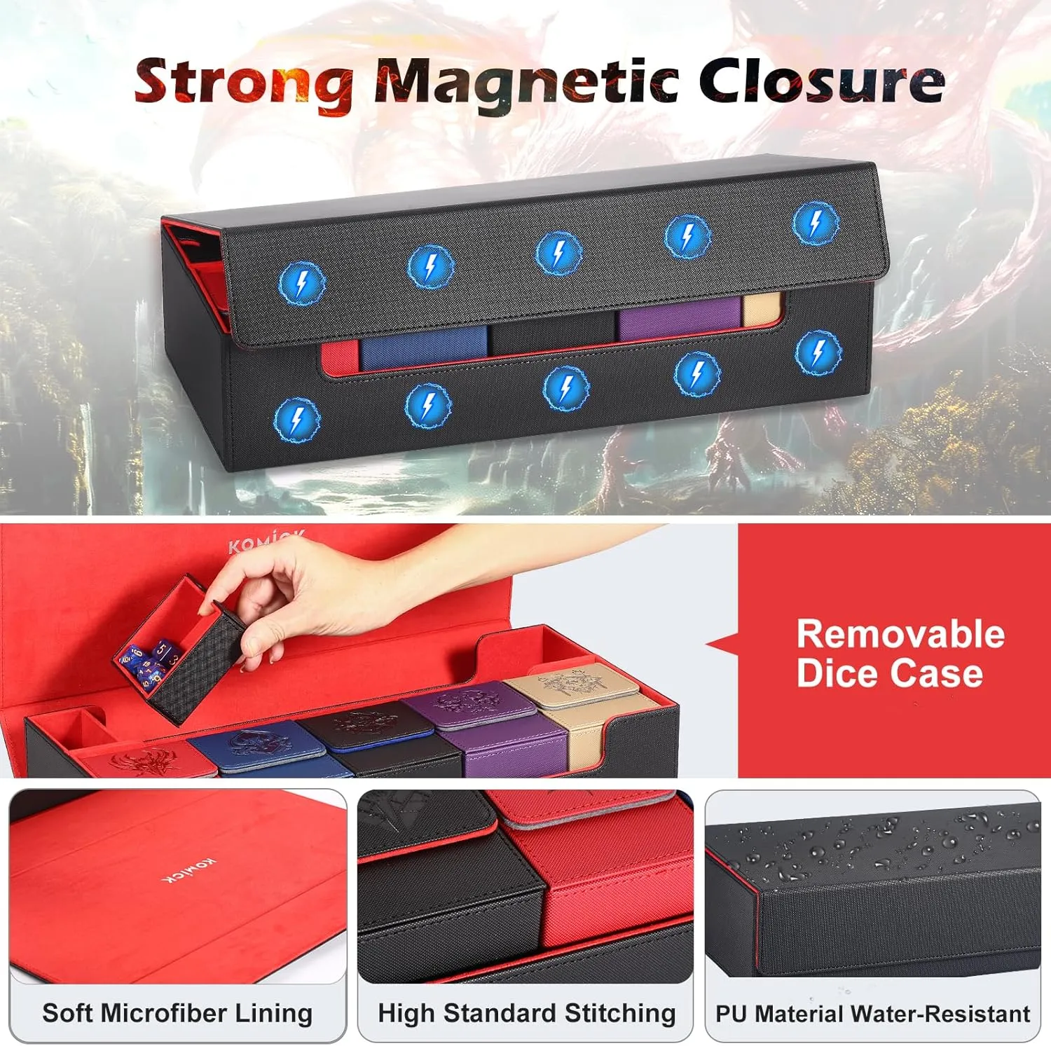 Ultimate 6-in-1 Card Deck Box Set with Playmat Dice Tray, Large Card Storage Box with 5 PCS MTG Storage Box Holds 2400  Unsleeved Trading Cards Deck Box TCG CCG Yugioh Sports Cards (Black/Red)