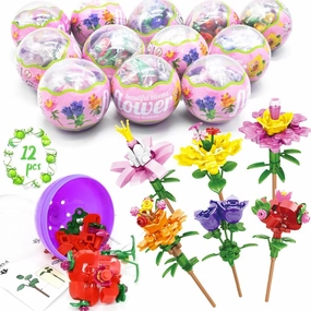 UMEELR Pre Filled Easter Eggs with Flowers Building Blocks, 12Pcs DIY Flower Surprise Toys for Basket Stuffers, Easter Egg Hunt Classroom Prize Toys