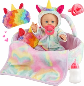 Unicorn Baby Doll Set - 12 Inch Soft Body Babydolls with Movable Arms & Legs with Washable Dolls Clothes, Bassinet, Blanket, Pacifier & Bottle, First Doll Gift for Toddlers Girls Boys 1-3  Years Old