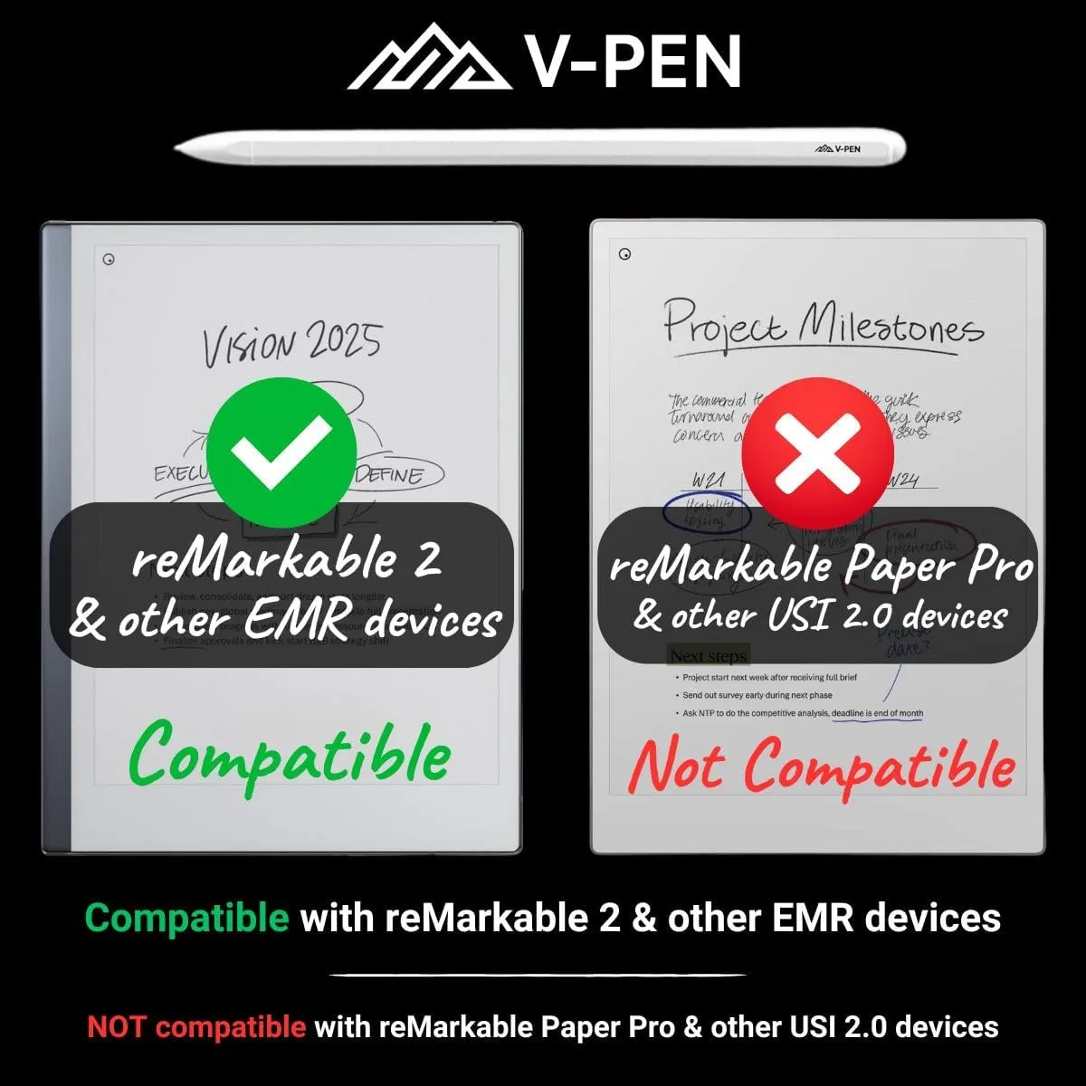 V-Pen EMR Stylus Remarkable 2 Pen Replacement with Digital Eraser   5 Tips | 4096 Pressure Level Sensitivity & Palm Rejection | Digital Pen Marker Plus Compatible Kindle Scribe & Tablet Pen | White
