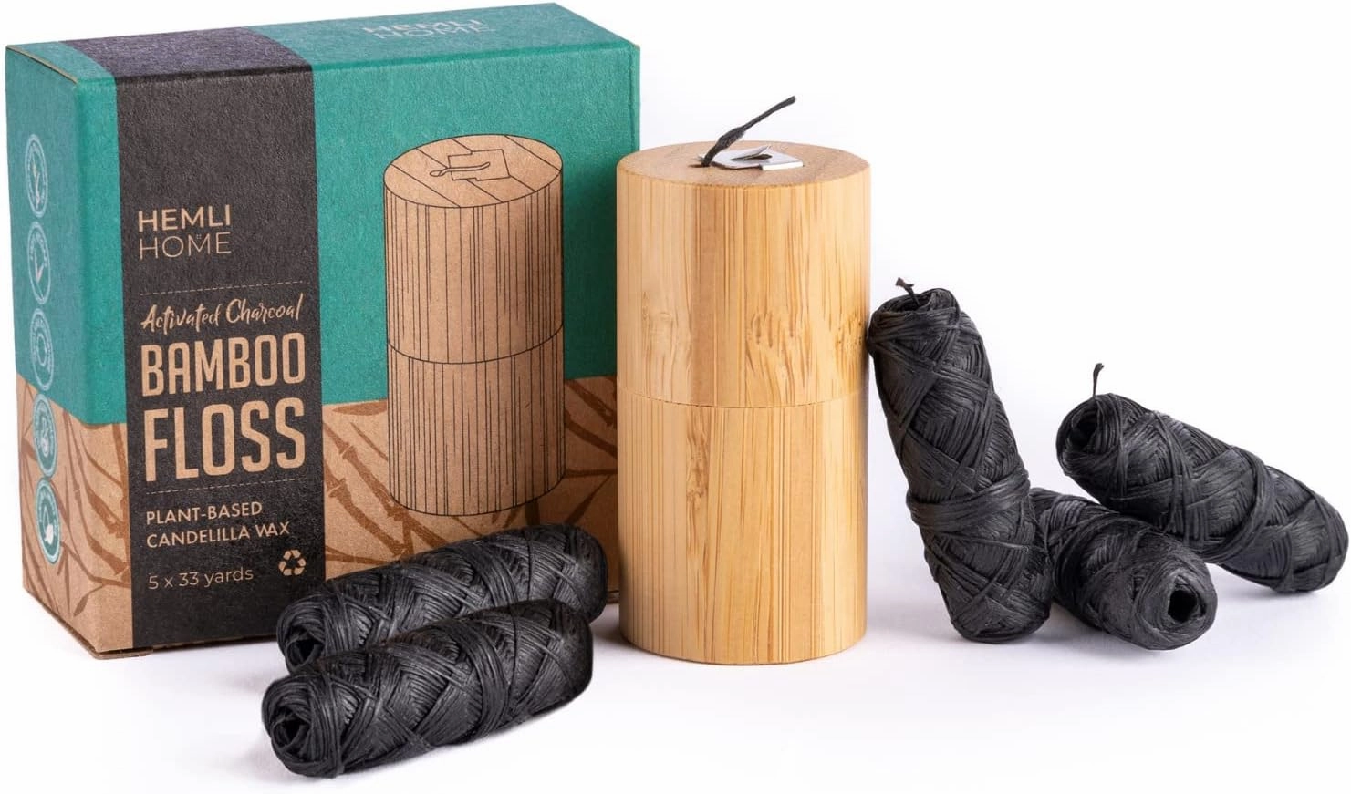 Vegan Bamboo Charcoal Dental Floss - 5-Pack - Refillable Bamboo Container - 5 x 33 Yards - Eco-Friendly Floss - Candelilla Wax Floss with Natural Mint Flavoring