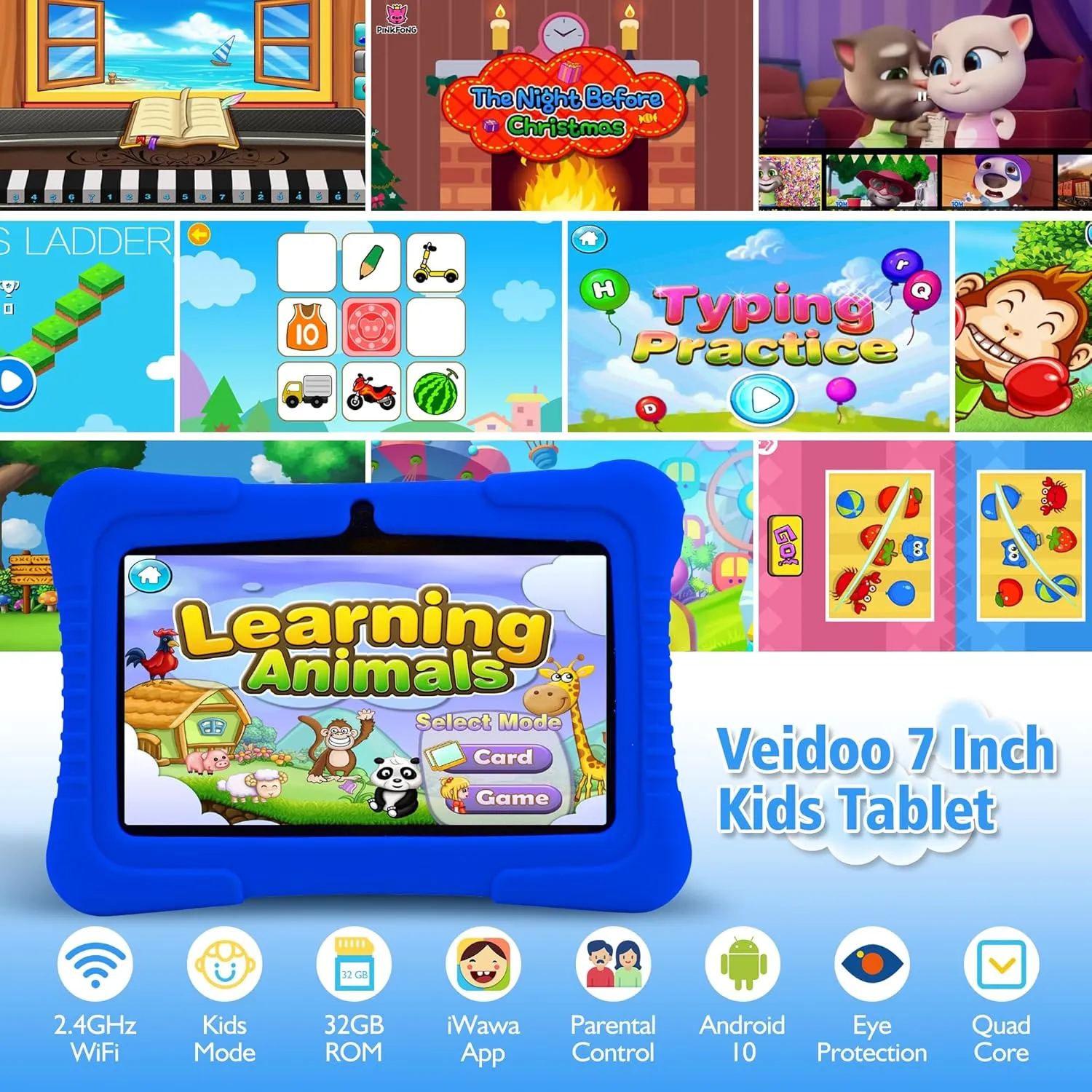 Veidoo Kids 7" Android Tablet PC, 2GB RAM, 32GB ROM, Safety Eye Protection, WiFi, Dual Camera, Games, Parental Control APP, Silicone Case (Dark Blue)