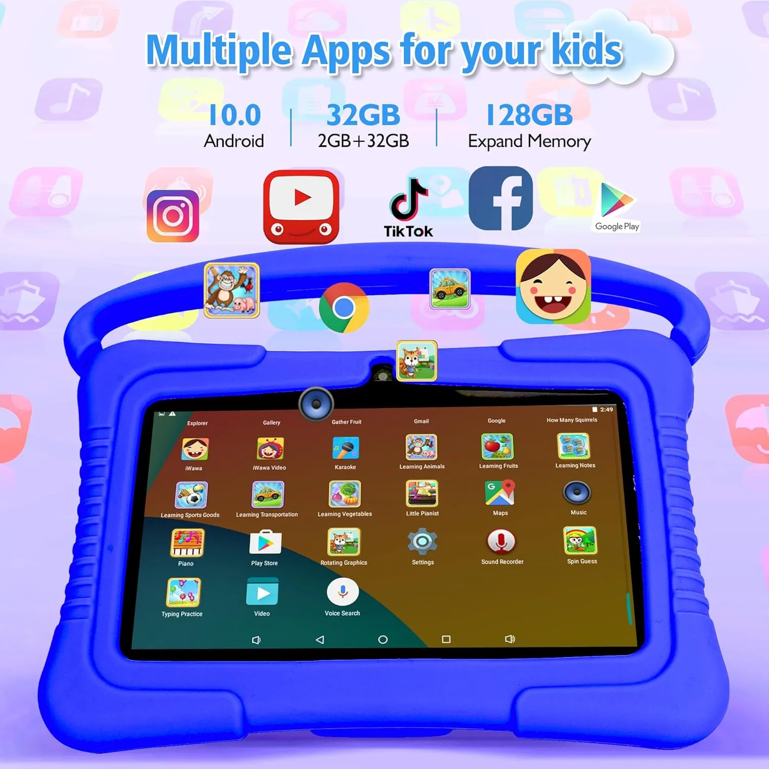 Veidoo Kids 7" Android Tablet PC, 2GB RAM, 32GB ROM, Safety Eye Protection, WiFi, Dual Camera, Games, Parental Control APP, Silicone Case (Dark Blue)