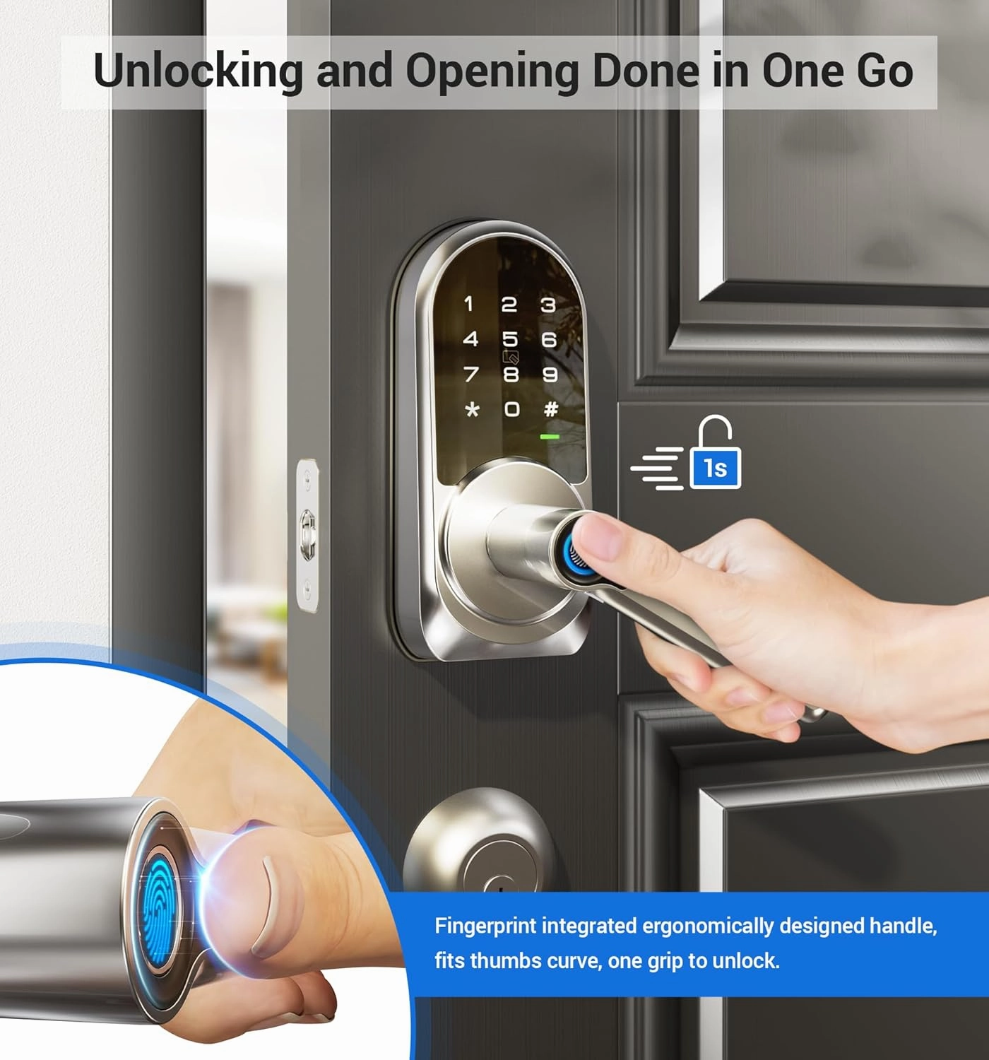 Veise RZ09 Smart Lock, 7-in-1 Keyless Entry with Handle Set, APP Control Fingerprint Deadbolt for Front Door, Electronic Digital Locks with Keypad, Satin Nickel