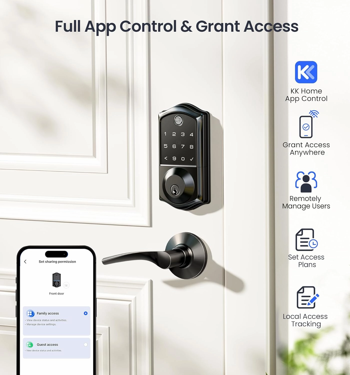 Veise VE017 Fingerprint Smart Door Lock, App Control, 7-in-1 Keyless Entry, Auto Lock, Emergency Power Port, Electronic Touchscreen Keypad, Biometric Smart Locks for Front Door, Matte Black