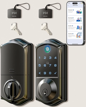 Veise VE017 Fingerprint Smart Door Lock, App Control, 7-in-1 Keyless Entry, Auto Lock, Emergency Power Port, Electronic Touchscreen Keypad, Biometric Smart Locks for Front Door, Matte Black