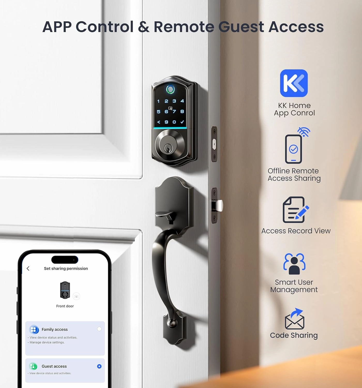 Veise VE017-H Fingerprint Smart Front Door Lock Set, App Control, Keyless Entry Deadbolt with Handle, Smart Deadbolt, Emergency Power Port, Touchscreen Keypad, Auto Lock, Easy Install, Matte Black