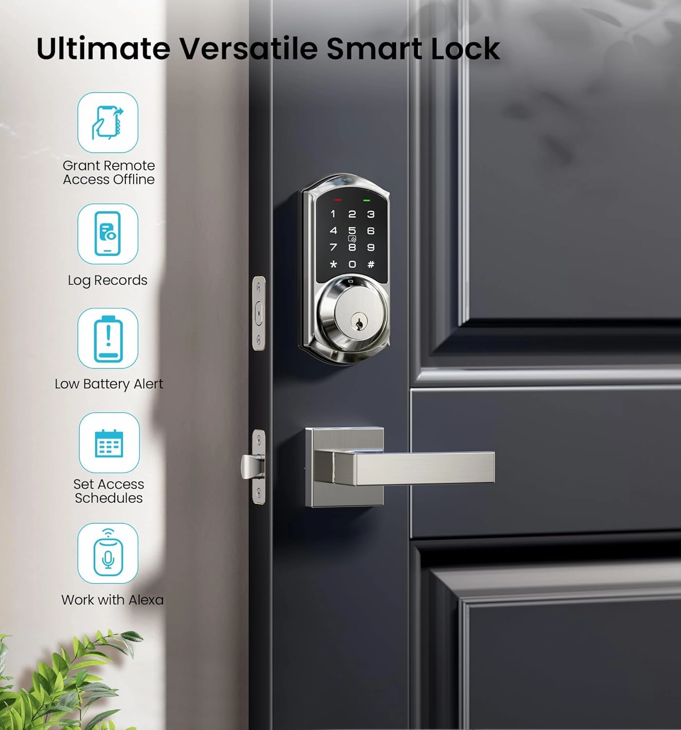 Veise VE06-L Smart Locks with 2 Lever Handle Set, App Control, Keyless Entry Deadbolt for Front Door, Electronic Digital Touchscreen Keypad, Auto Lock, Waterproof, Easy Installation, Satin Nickel