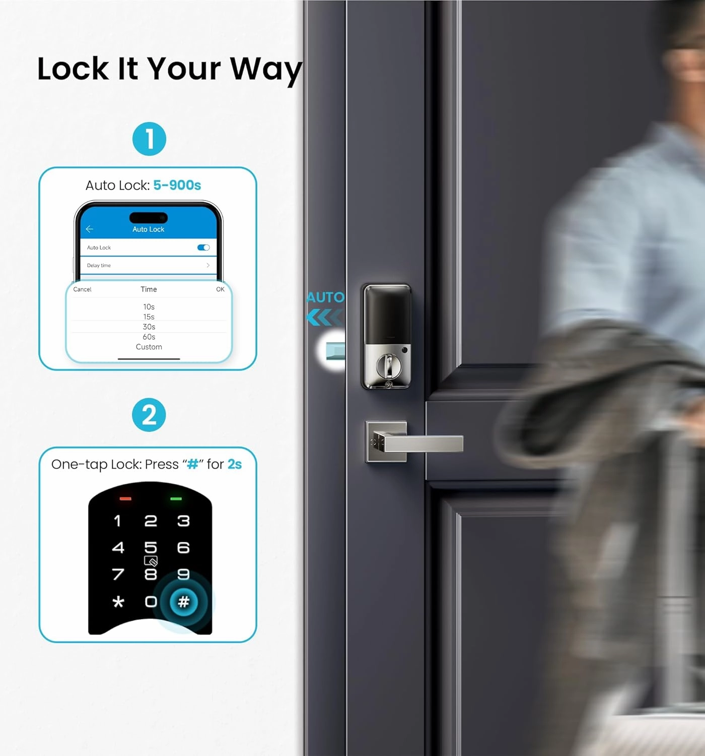 Veise VE06-L Smart Locks with 2 Lever Handle Set, App Control, Keyless Entry Deadbolt for Front Door, Electronic Digital Touchscreen Keypad, Auto Lock, Waterproof, Easy Installation, Satin Nickel