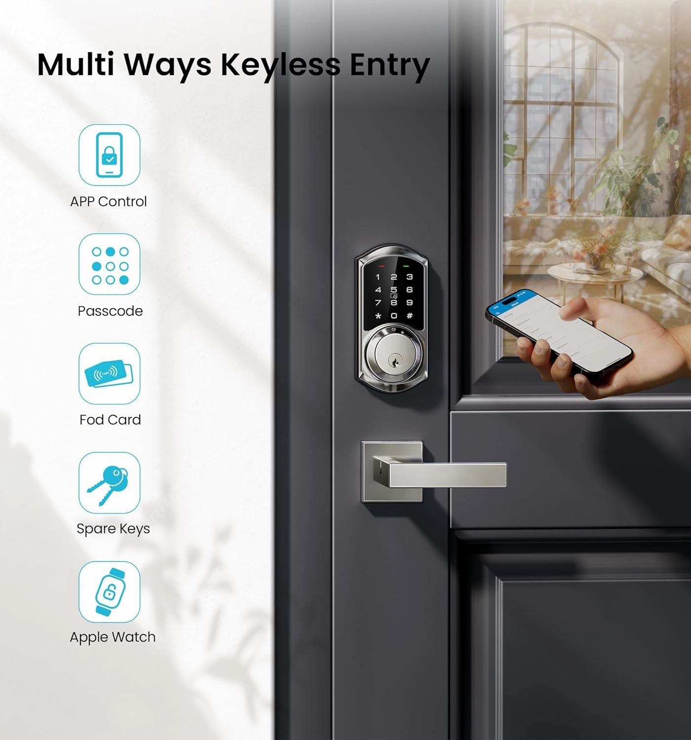 Veise VE06-L Smart Locks with 2 Lever Handle Set, App Control, Keyless Entry Deadbolt for Front Door, Electronic Digital Touchscreen Keypad, Auto Lock, Waterproof, Easy Installation, Satin Nickel