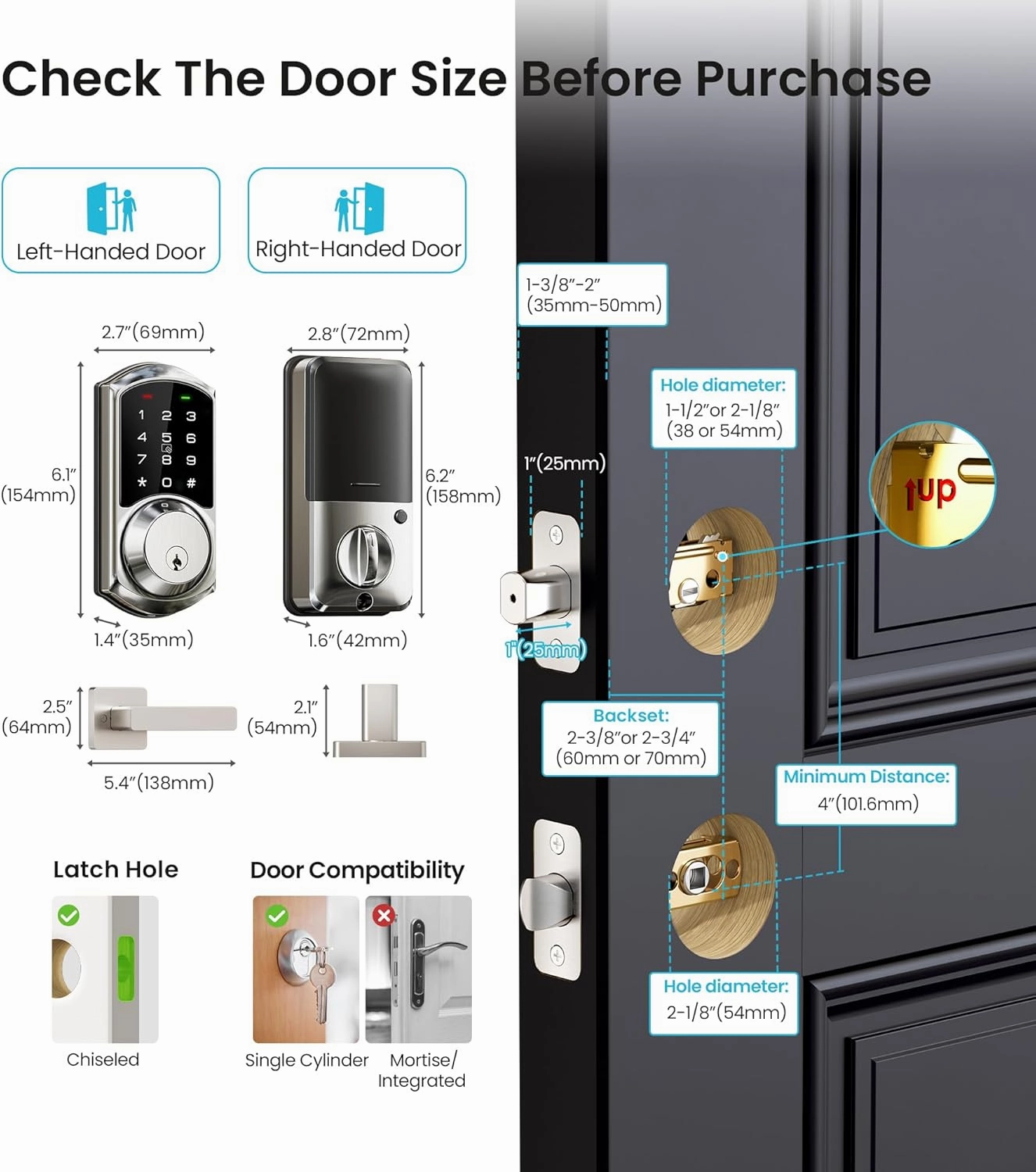 Veise VE06-L Smart Locks with 2 Lever Handle Set, App Control, Keyless Entry Deadbolt for Front Door, Electronic Digital Touchscreen Keypad, Auto Lock, Waterproof, Easy Installation, Satin Nickel