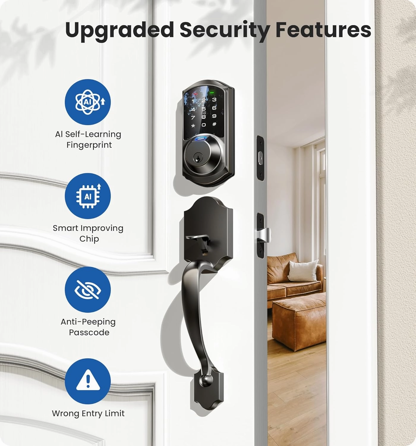 Veise VE07-H Fingerprint Smart Locks for Front Door with Handle Set, App Control, Keyless Entry Keypad Deadbolt, Digital Electronic Touchscreen, Easy Install, Auto Lock, Matte Black