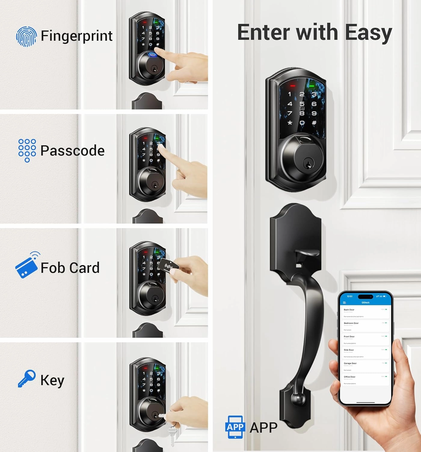 Veise VE07-H Fingerprint Smart Locks for Front Door with Handle Set, App Control, Keyless Entry Keypad Deadbolt, Digital Electronic Touchscreen, Easy Install, Auto Lock, Matte Black