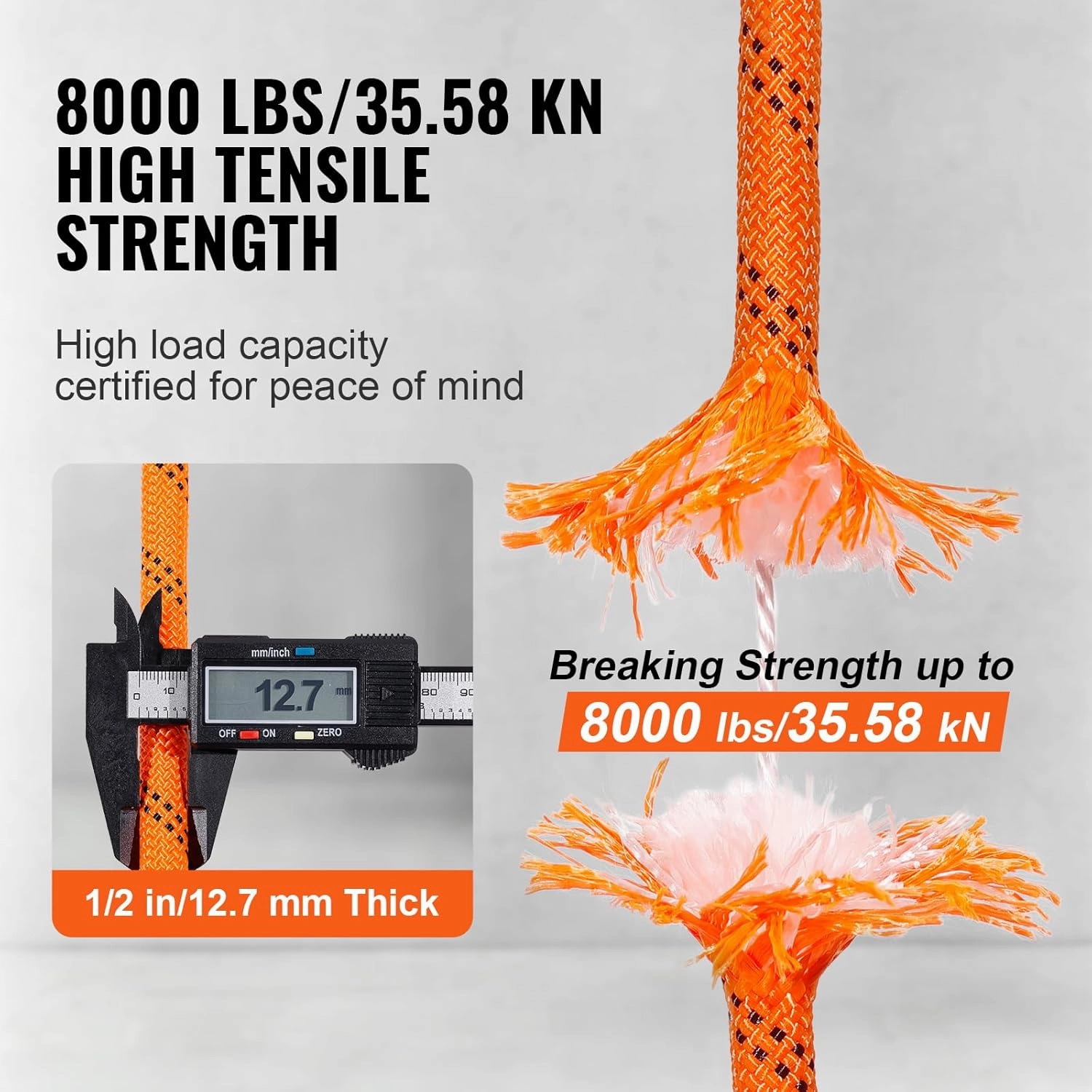 VEVOR Double Braided Polyester Rope, 1/2 in x 120 ft, 48 Strands, 8000 LBS Breaking Strength Outdoor Ropes, Arborist Rigging Rope for Rock Hiking Camping Swing Rappelling Rescue, Orange/Black