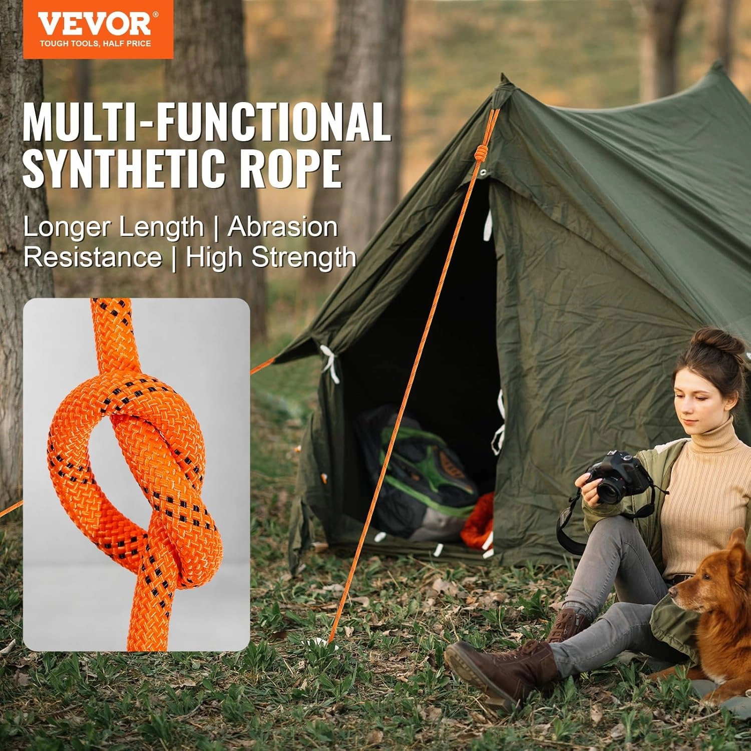 VEVOR Double Braided Polyester Rope, 1/2 in x 120 ft, 48 Strands, 8000 LBS Breaking Strength Outdoor Ropes, Arborist Rigging Rope for Rock Hiking Camping Swing Rappelling Rescue, Orange/Black