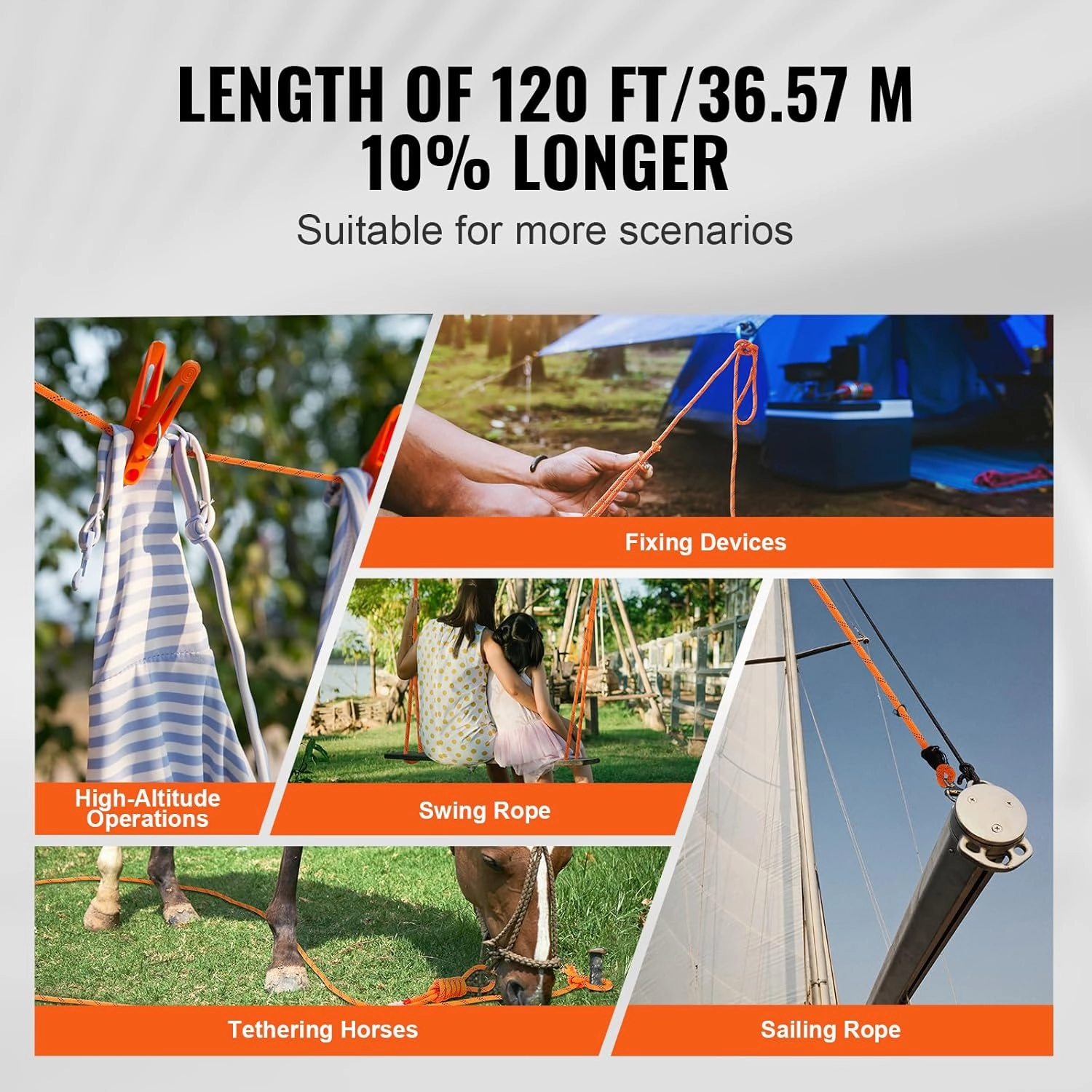 VEVOR Double Braided Polyester Rope, 1/2 in x 120 ft, 48 Strands, 8000 LBS Breaking Strength Outdoor Ropes, Arborist Rigging Rope for Rock Hiking Camping Swing Rappelling Rescue, Orange/Black