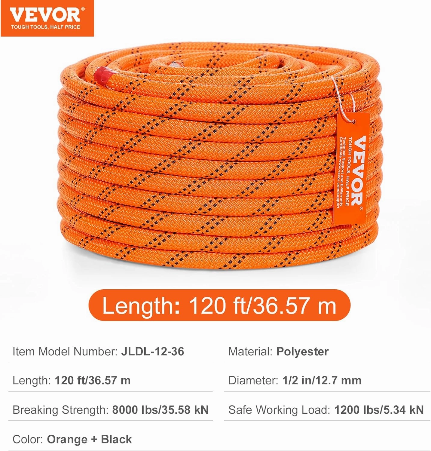 VEVOR Double Braided Polyester Rope, 1/2 in x 120 ft, 48 Strands, 8000 LBS Breaking Strength Outdoor Ropes, Arborist Rigging Rope for Rock Hiking Camping Swing Rappelling Rescue, Orange/Black