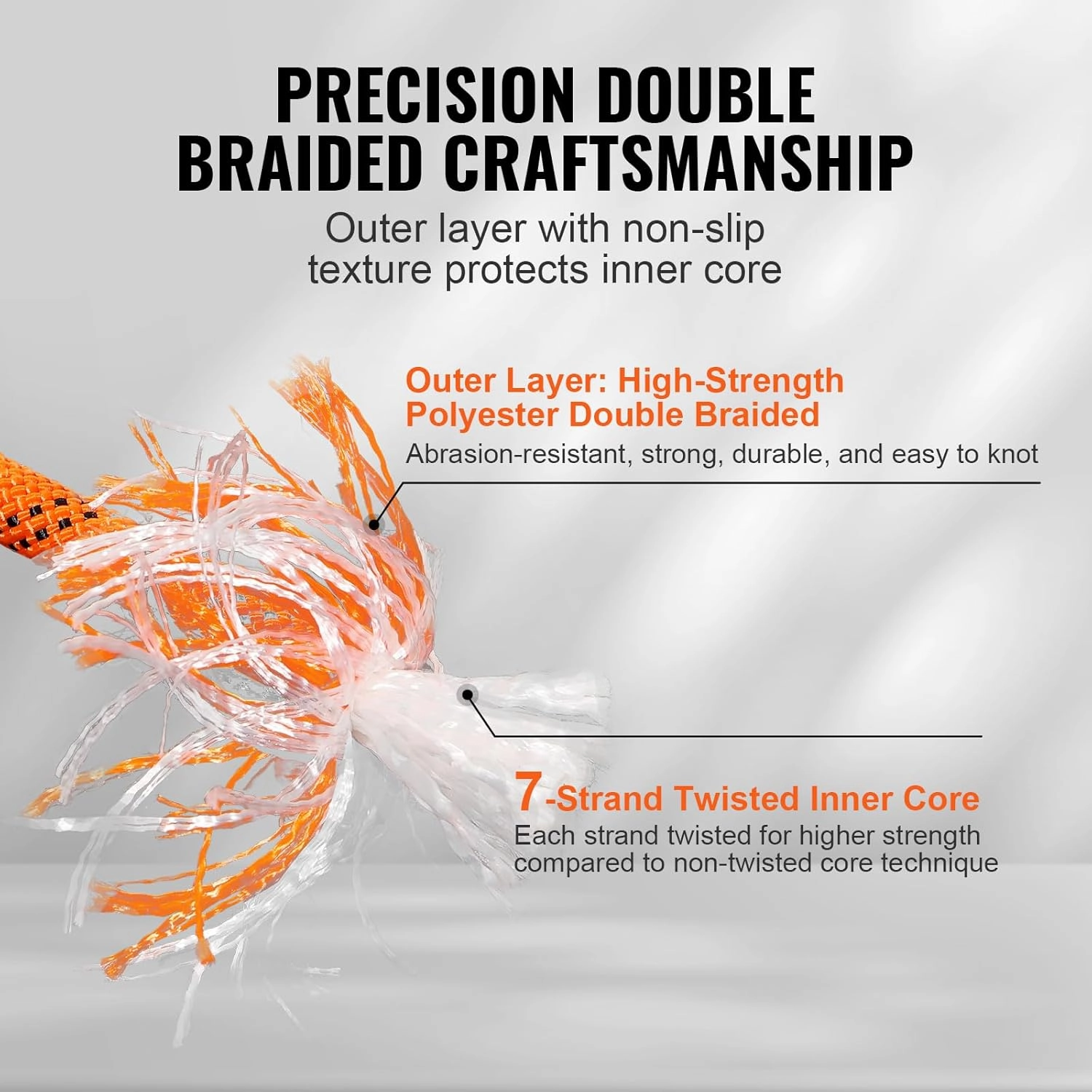 VEVOR Double Braided Polyester Rope, 1/2 in x 120 ft, 48 Strands, 8000 LBS Breaking Strength Outdoor Ropes, Arborist Rigging Rope for Rock Hiking Camping Swing Rappelling Rescue, Orange/Black