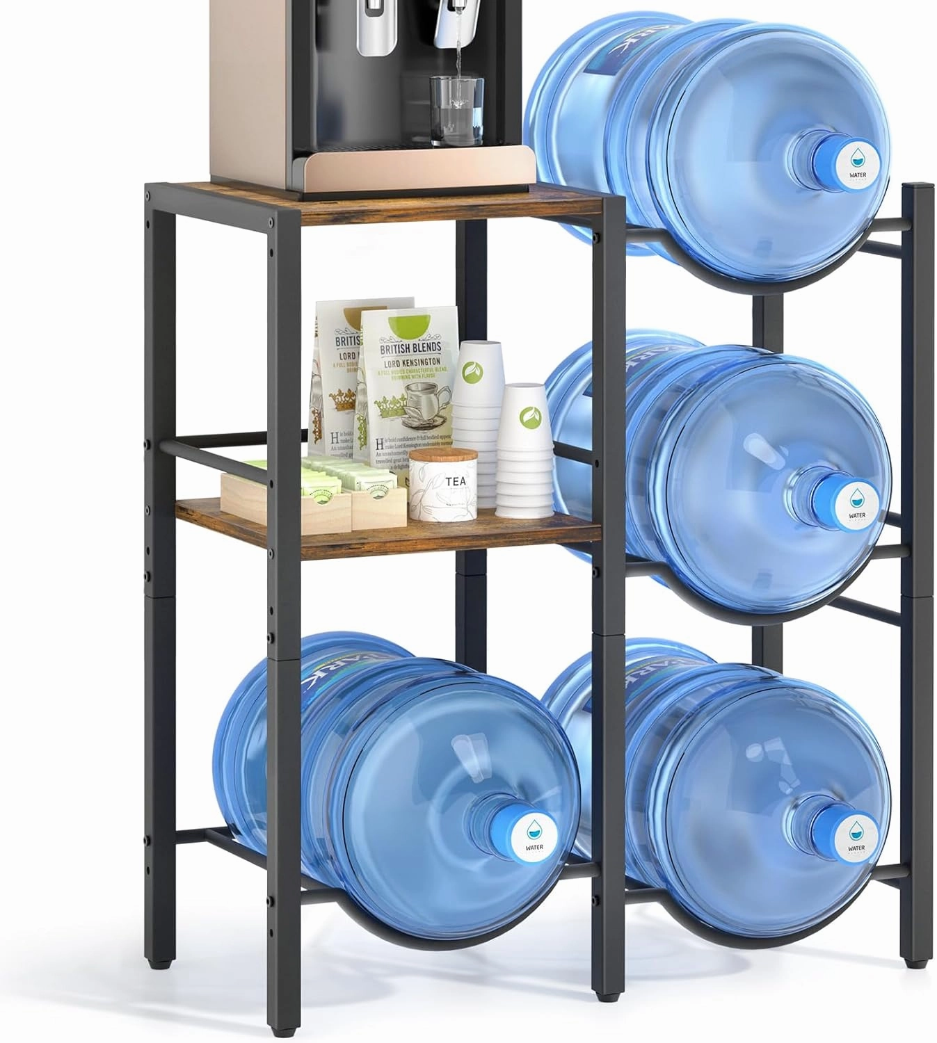 VINAEMO 5 Gallon Water Jug Holder, Water Jug Stand with Wood Storage Shelves, 5 Gal Water Bottle Holder Storage Rack with Water Dispenser Stand for Home/Office/Garage Organizer (Rustic Brown Wood)