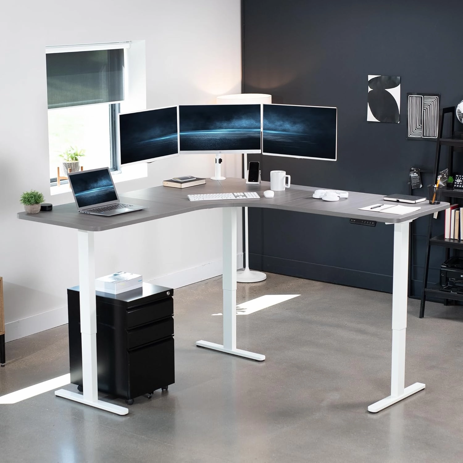 VIVO Electric Height Adjustable 71 x 71 inch Curved Corner Stand Up Desk, Dark Gray Table Top, White Frame, Memory Controller, L-Shaped Workstation, E3C Series, DESK-KIT-E3CWG