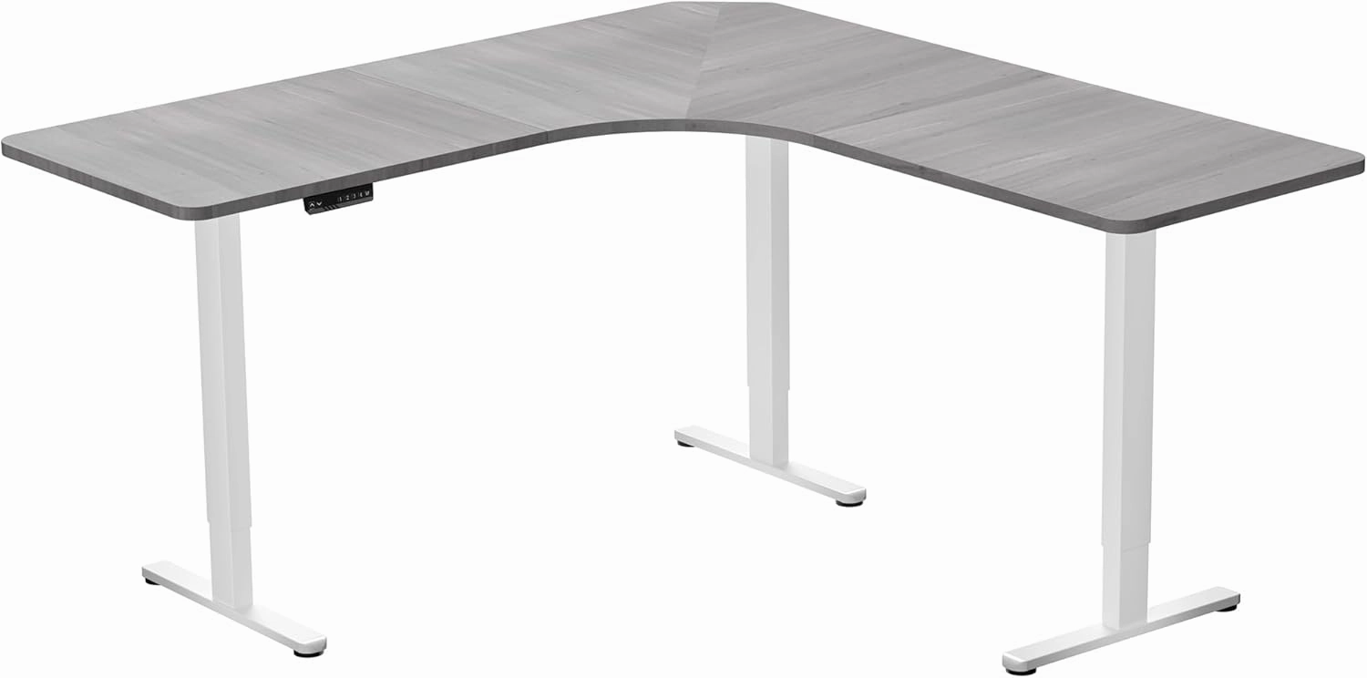 VIVO Electric Height Adjustable 71 x 71 inch Curved Corner Stand Up Desk, Dark Gray Table Top, White Frame, Memory Controller, L-Shaped Workstation, E3C Series, DESK-KIT-E3CWG