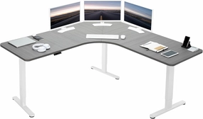 VIVO Electric Height Adjustable 71 x 71 inch Curved Corner Stand Up Desk, Dark Gray Table Top, White Frame, Memory Controller, L-Shaped Workstation, E3C Series, DESK-KIT-E3CWG