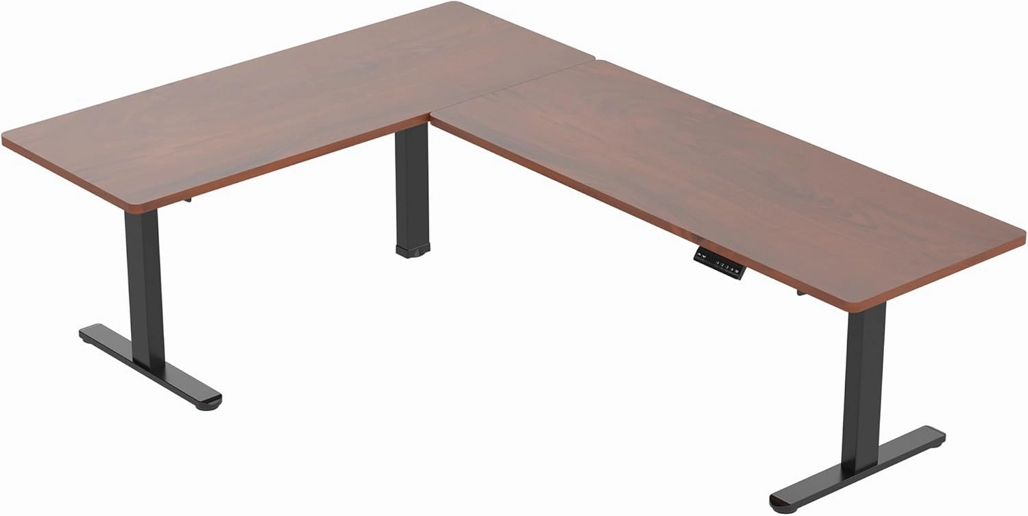 VIVO Electric Height Adjustable 83 x 60 inch Corner Stand Up Desk, 2 Dark Walnut Solid Table Tops, Black Frame, Memory Controller, L-Shaped Workstation, 3E Series, DESK-KIT-3E8D
