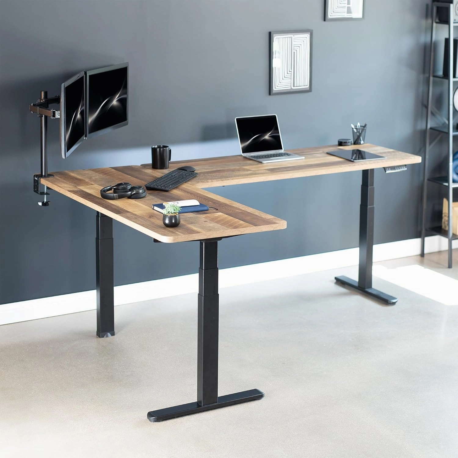 VIVO Electric Height Adjustable 83 x 60 inch Corner Stand Up Desk, 2 Reclaimed Wood Solid Table Tops, Black Frame, Memory Controller, L-Shaped Workstation, 3E Series, DESK-KIT-3E8BP