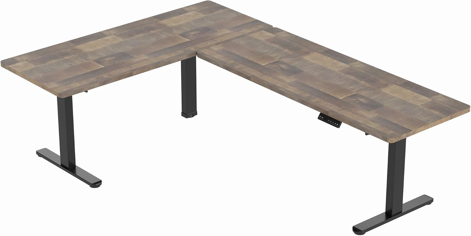VIVO Electric Height Adjustable 83 x 60 inch Corner Stand Up Desk, 2 Reclaimed Wood Solid Table Tops, Black Frame, Memory Controller, L-Shaped Workstation, 3E Series, DESK-KIT-3E8BP