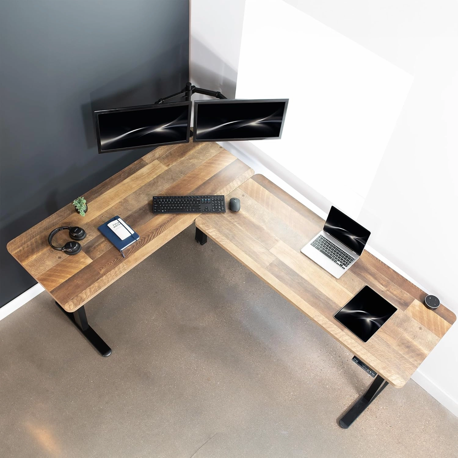 VIVO Electric Height Adjustable 83 x 60 inch Corner Stand Up Desk, 2 Reclaimed Wood Solid Table Tops, Black Frame, Memory Controller, L-Shaped Workstation, 3E Series, DESK-KIT-3E8BP
