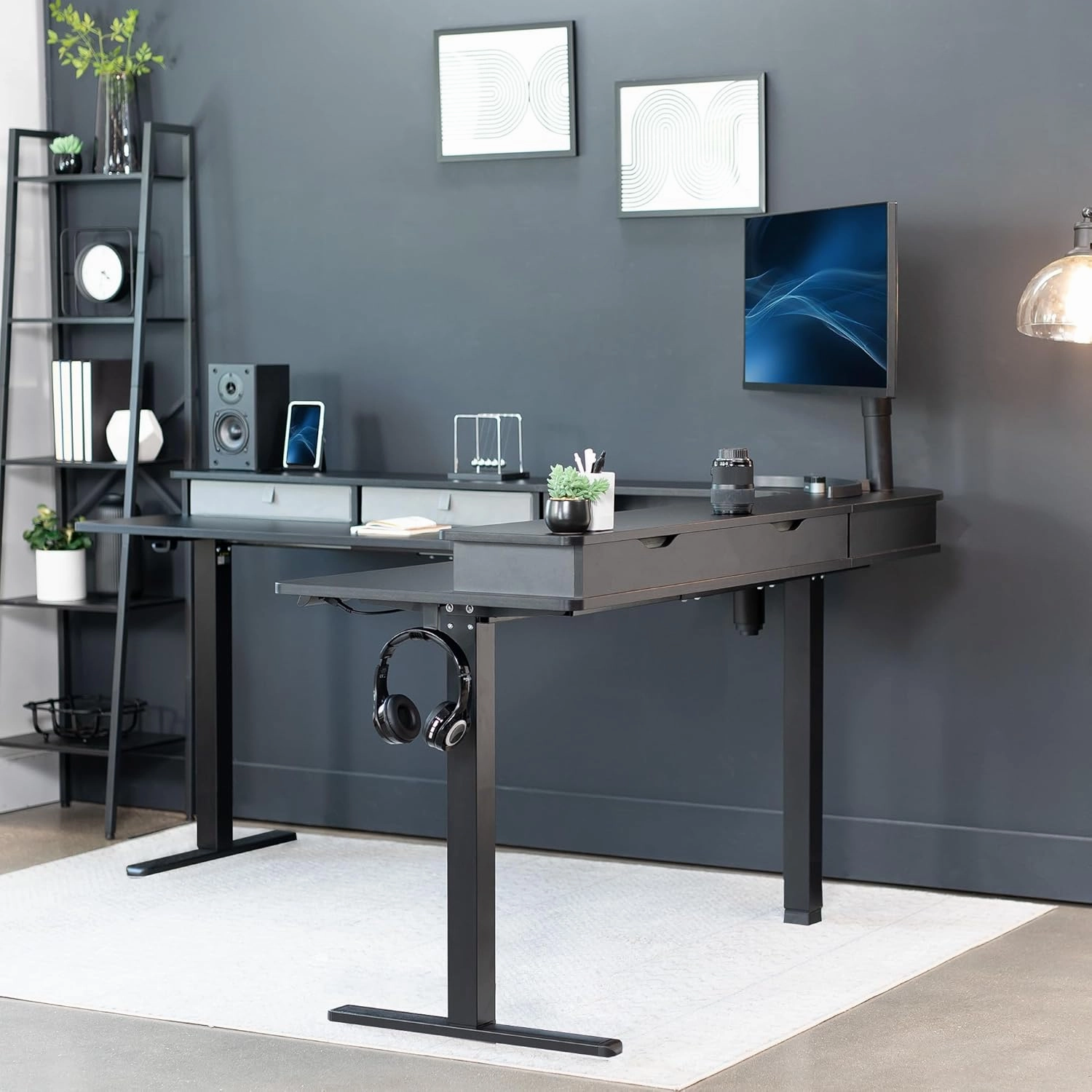 VIVO Electric Mobile Corner 75 x 63 inch 2 Tier Stand Up L-Shaped Desk, Height Adjustable, Memory Controller, Storage Drawers, Black Top Black Frame, DESK-E3CVB-75