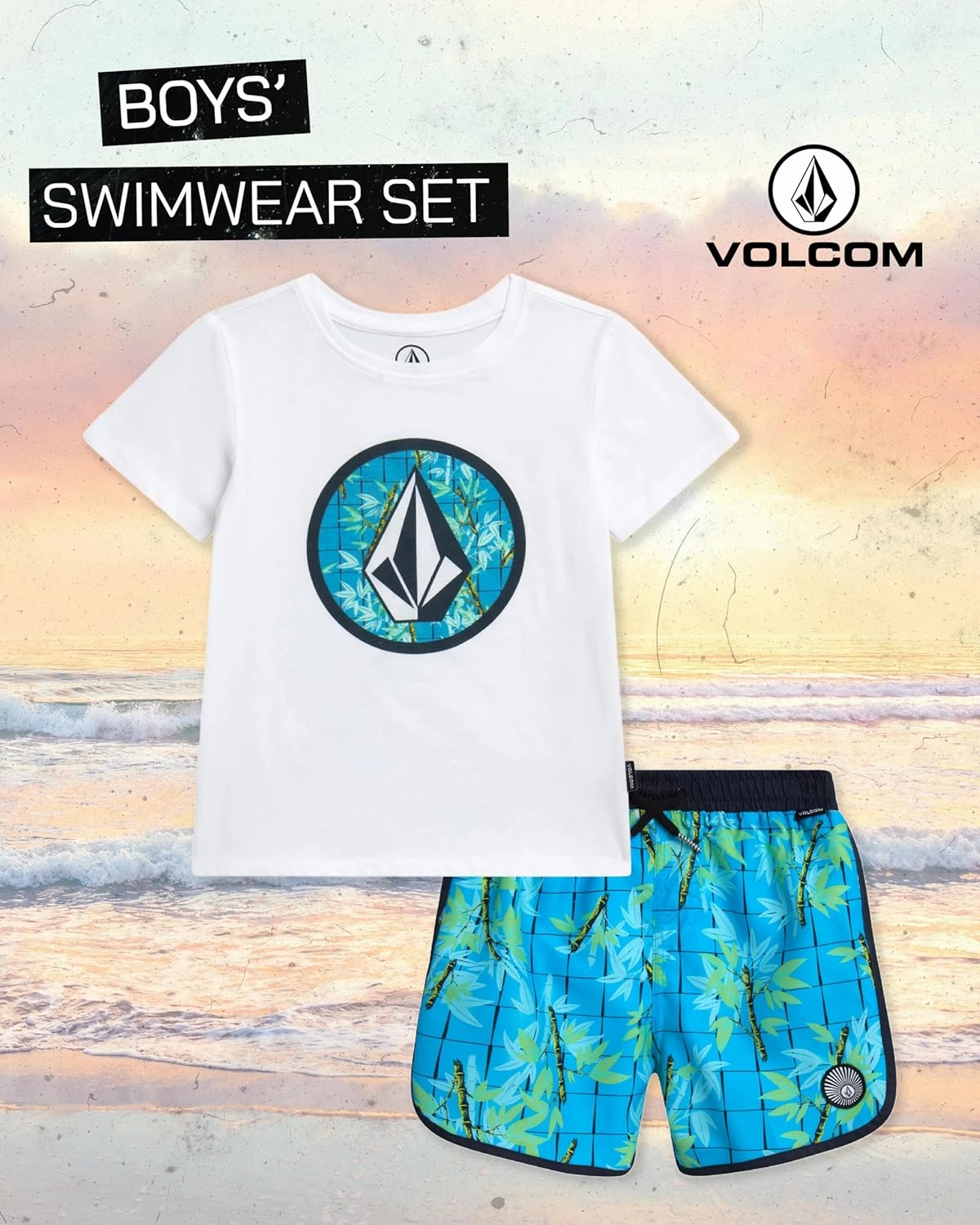 Volcom Baby Boys Swim Set - 2 Piece Short Sleeve Swim Shirt Graphic Tees & Board Shorts - Infant Toddler Little Boys Swimsuit