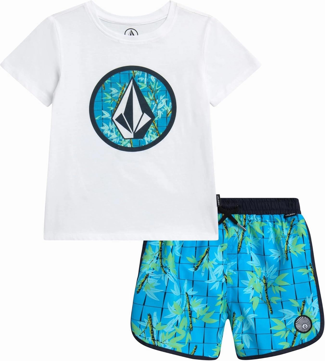 Volcom Baby Boys Swim Set - 2 Piece Short Sleeve Swim Shirt Graphic Tees & Board Shorts - Infant Toddler Little Boys Swimsuit