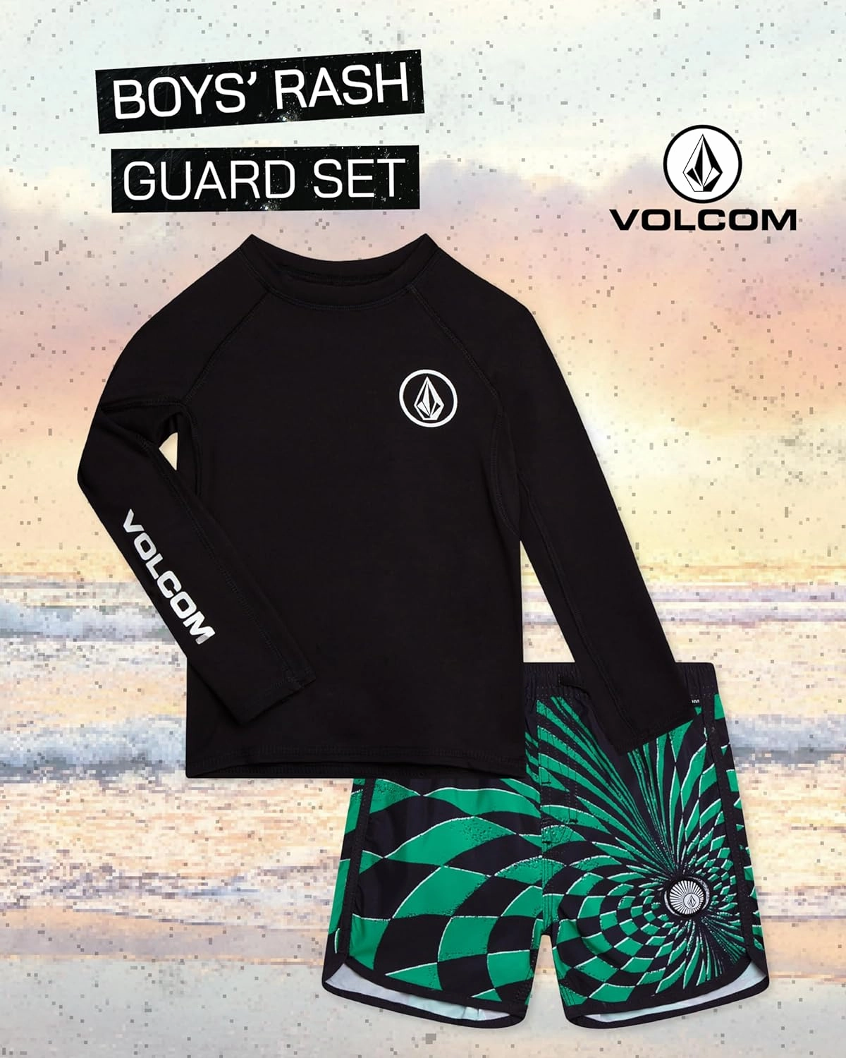 Volcom Boys' Rash Guard Set - 2 Piece UPF 50  Long Sleeve Swim Shirt and Trunks - Swimwear for Toddler Boys (Sizes: 2T-7)