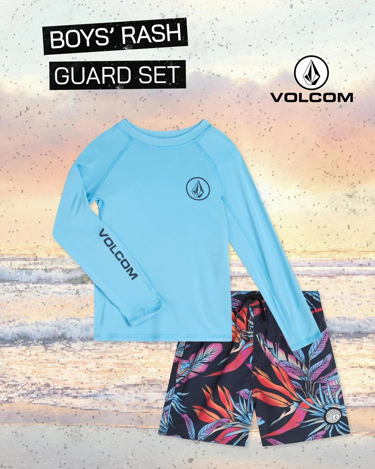 Volcom Boys' Rash Guard Set - 2 Piece UPF 50  Long Sleeve Swim Shirt and Trunks - Swimwear for Toddler Boys (Sizes: 2T-7)
