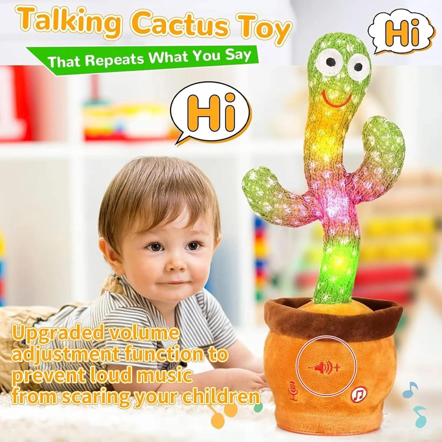 Volume Adjustable Dancing Talking Cactus, Children's Song Cactus Baby Toy Dancing Cactus Mimicking Toys, Talking Cactus Toy Singing Cactus Repeats What You Say, Repeating Cactus for Baby Toys
