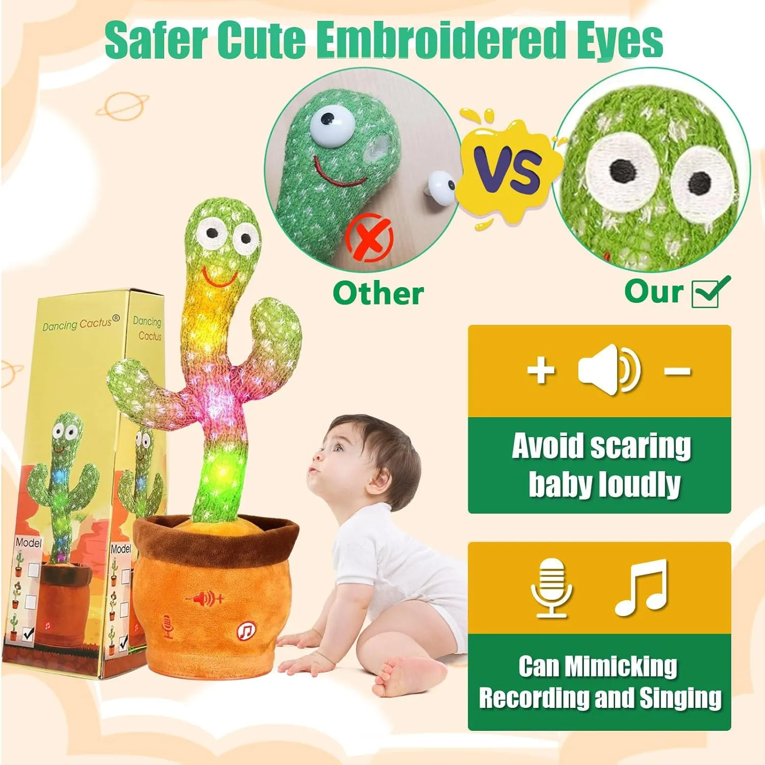 Volume Adjustable Dancing Talking Cactus, Children's Song Cactus Baby Toy Dancing Cactus Mimicking Toys, Talking Cactus Toy Singing Cactus Repeats What You Say, Repeating Cactus for Baby Toys