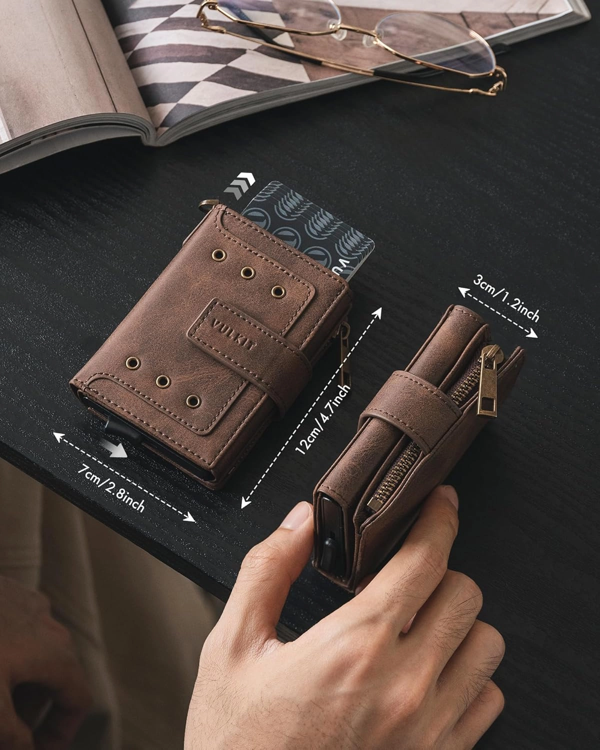 VULKIT Trifold Mens Smart Wallet with Chain, Aluminum POP UP Card Case RFID Protected, ID Window, Zipper Pocket for Coins and Compartment for Bills/Banknotes, Coffee Brown